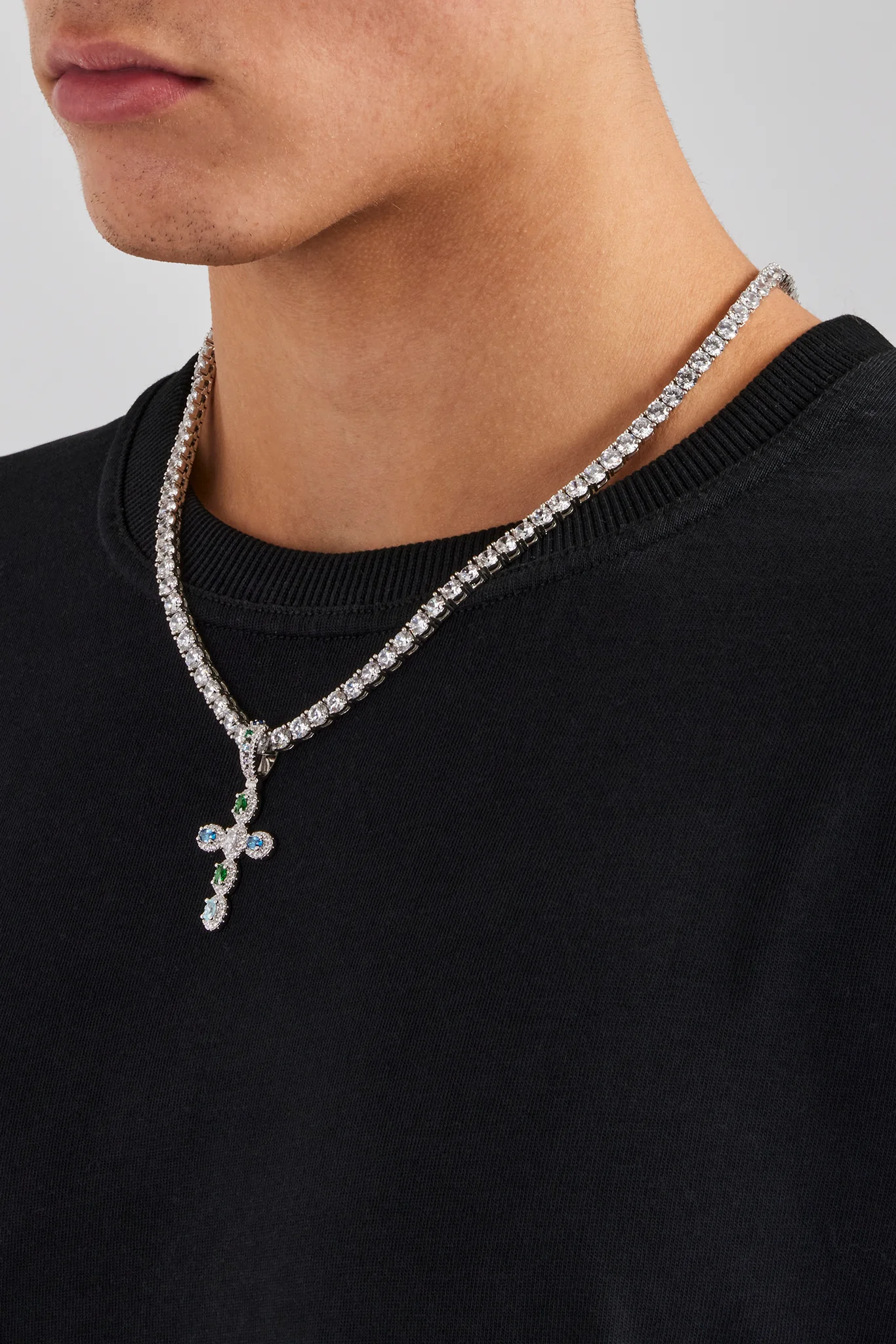 Iced Multi Colour Stone Cross Pendant & 5mm Tennis Chain - Image 3