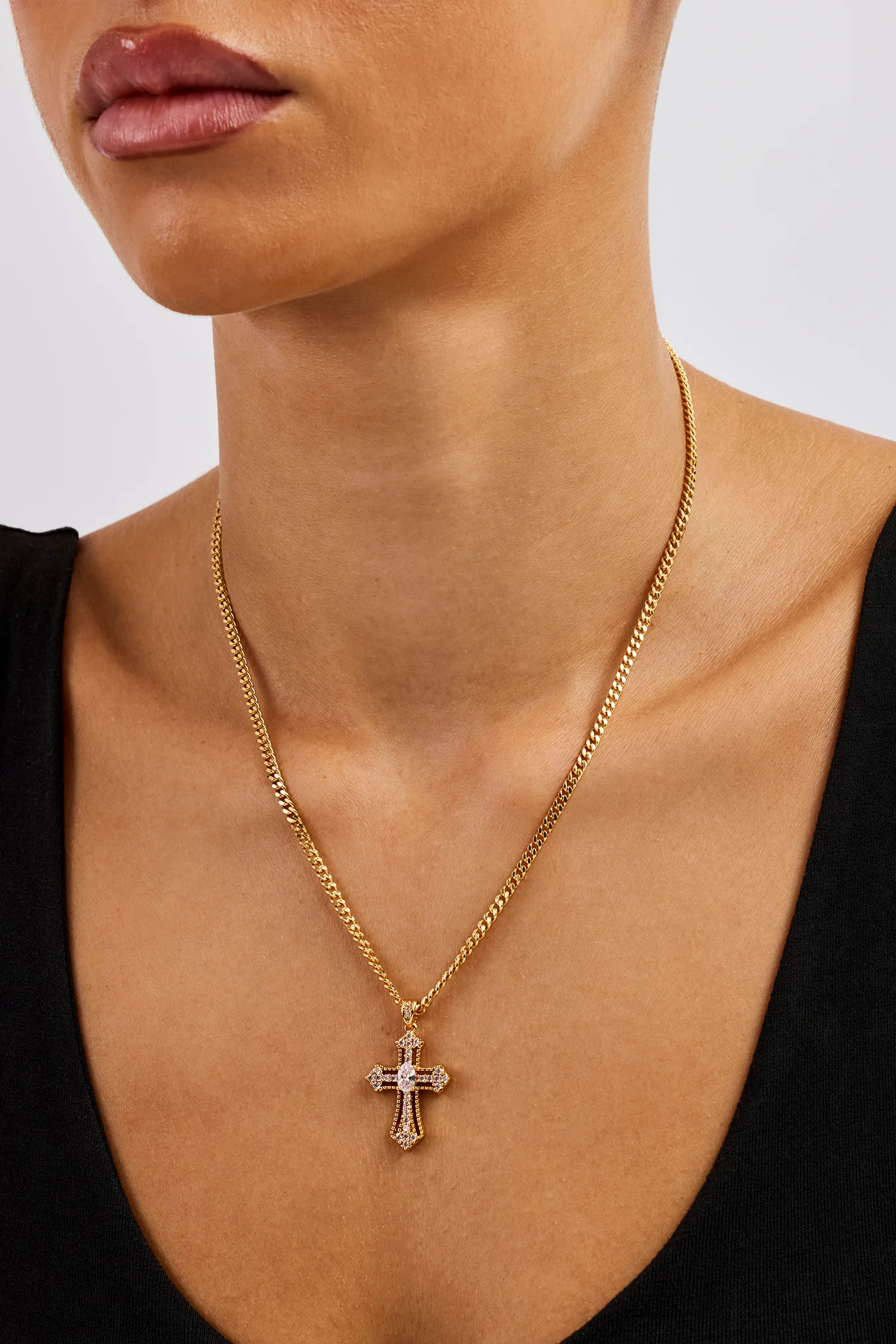 Iced Oval Centre Cross Necklace - 25mm - Gold - Image 2