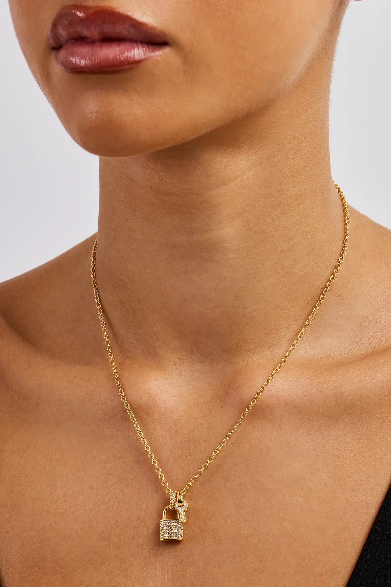 Iced Padlock & Key Necklace - 10mm - Gold - Image 3
