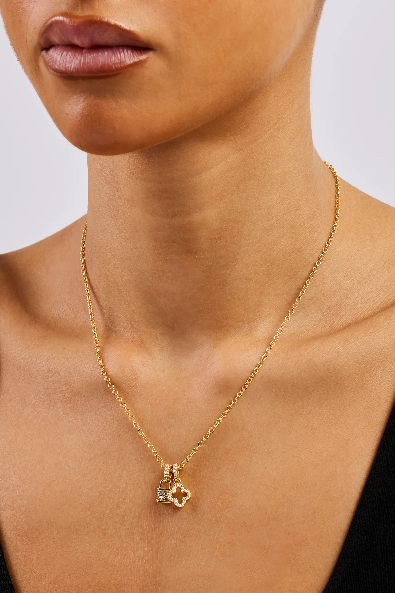 Iced Padlock & Motif Necklace - 10mm - Gold - Image 2