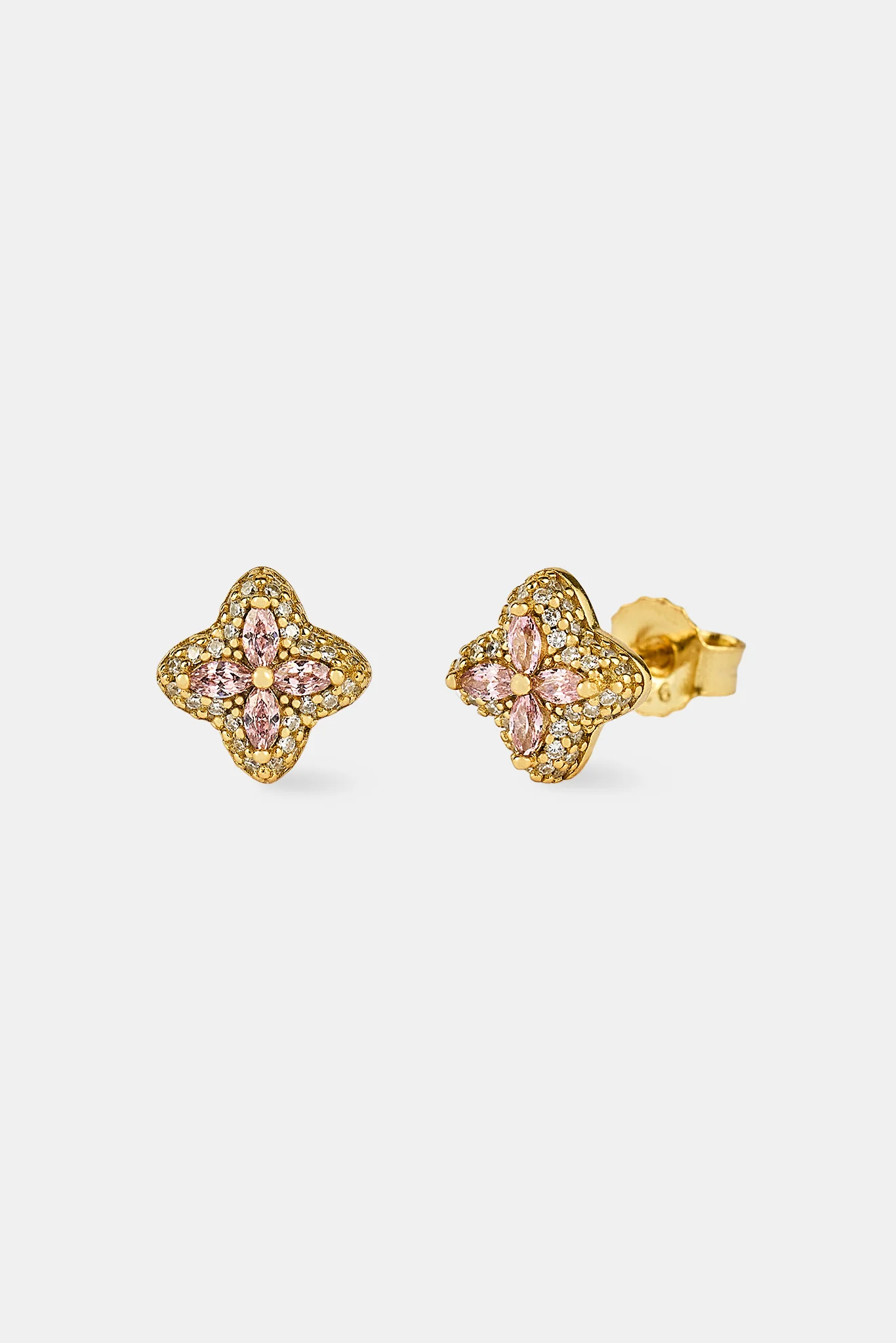 Iced Pink Floral Stud Earrings - 8mm - Gold - Image 2