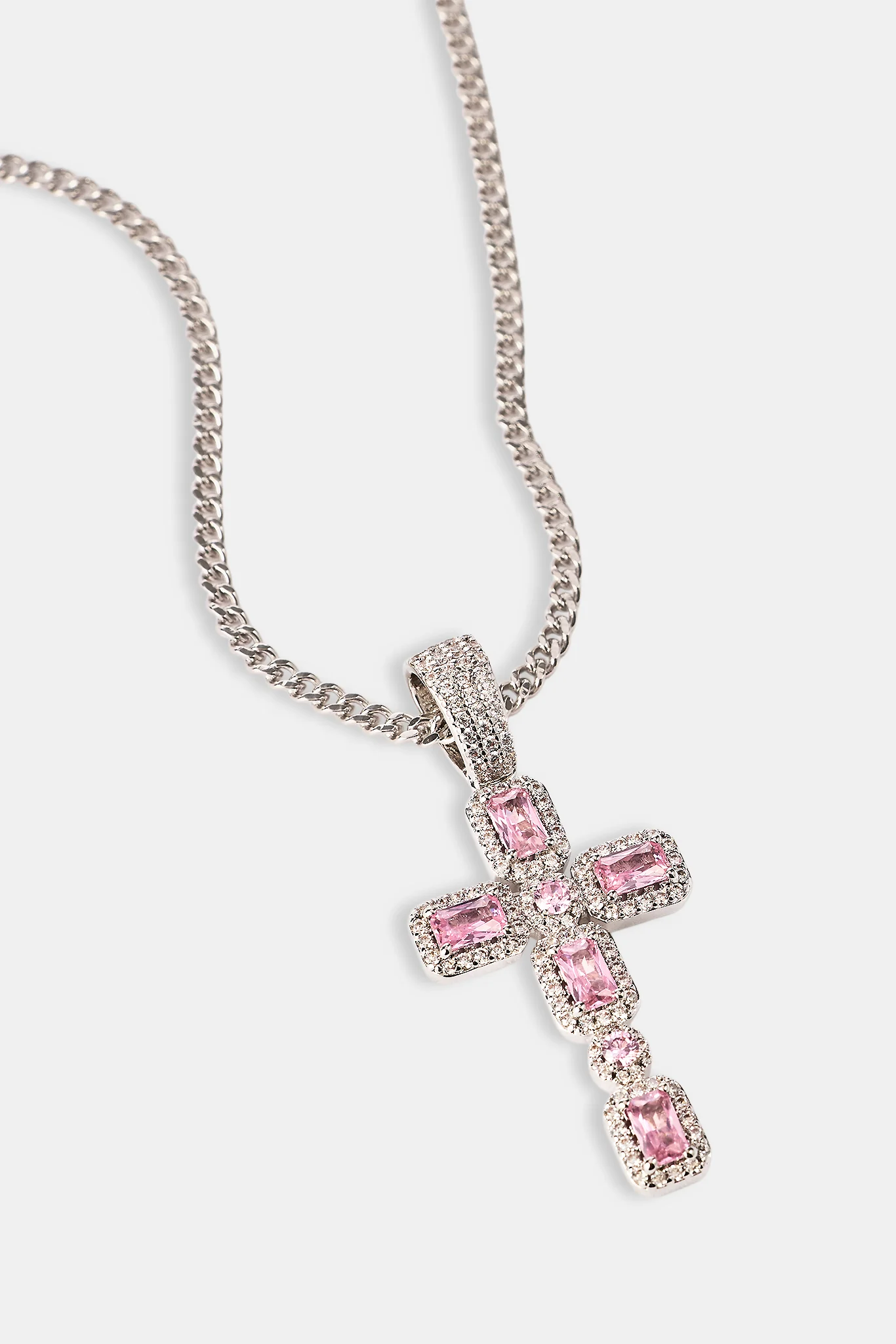 Iced Pink Gemstone Cross Cuban Necklace - 40mm - White - Image 3