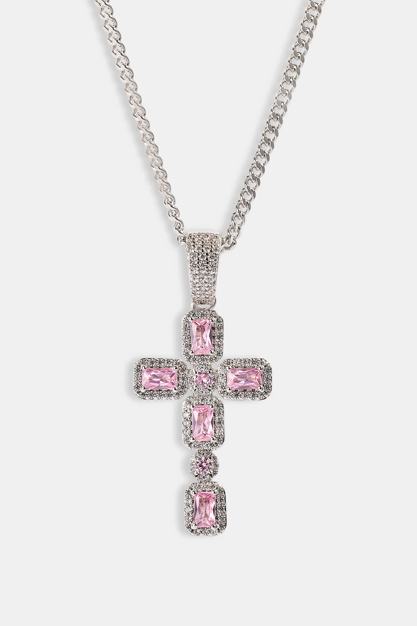 Iced Pink Gemstone Cross Cuban Necklace - 40mm - White - Image 4