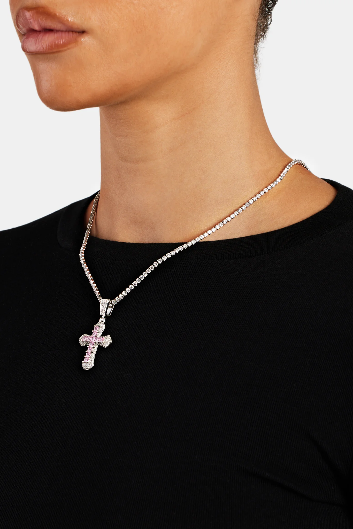 Iced Pink Square CZ Cross Pendant - Image 3
