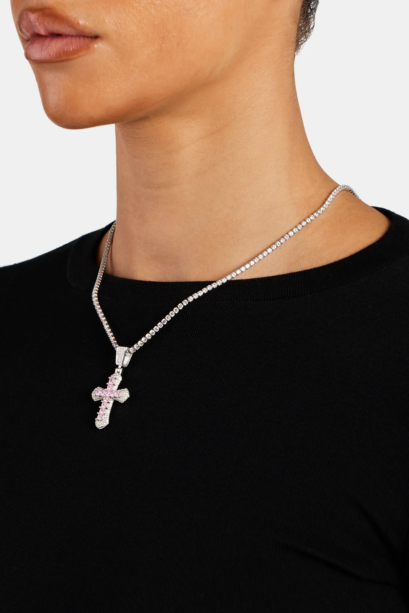 Iced Pink Square CZ Cross Pendant - Image 4