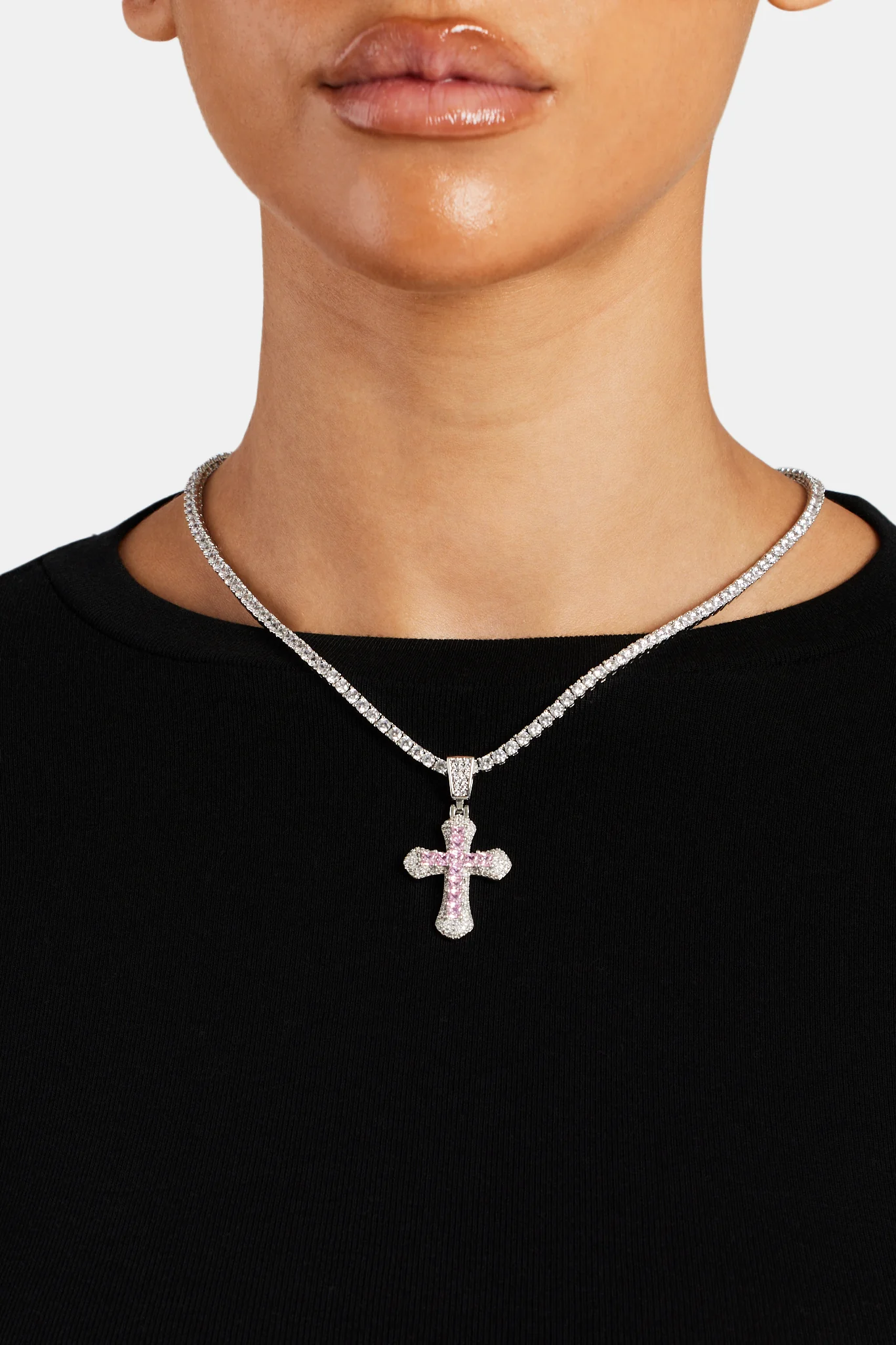 Iced Pink Square CZ Cross Pendant - Image 5