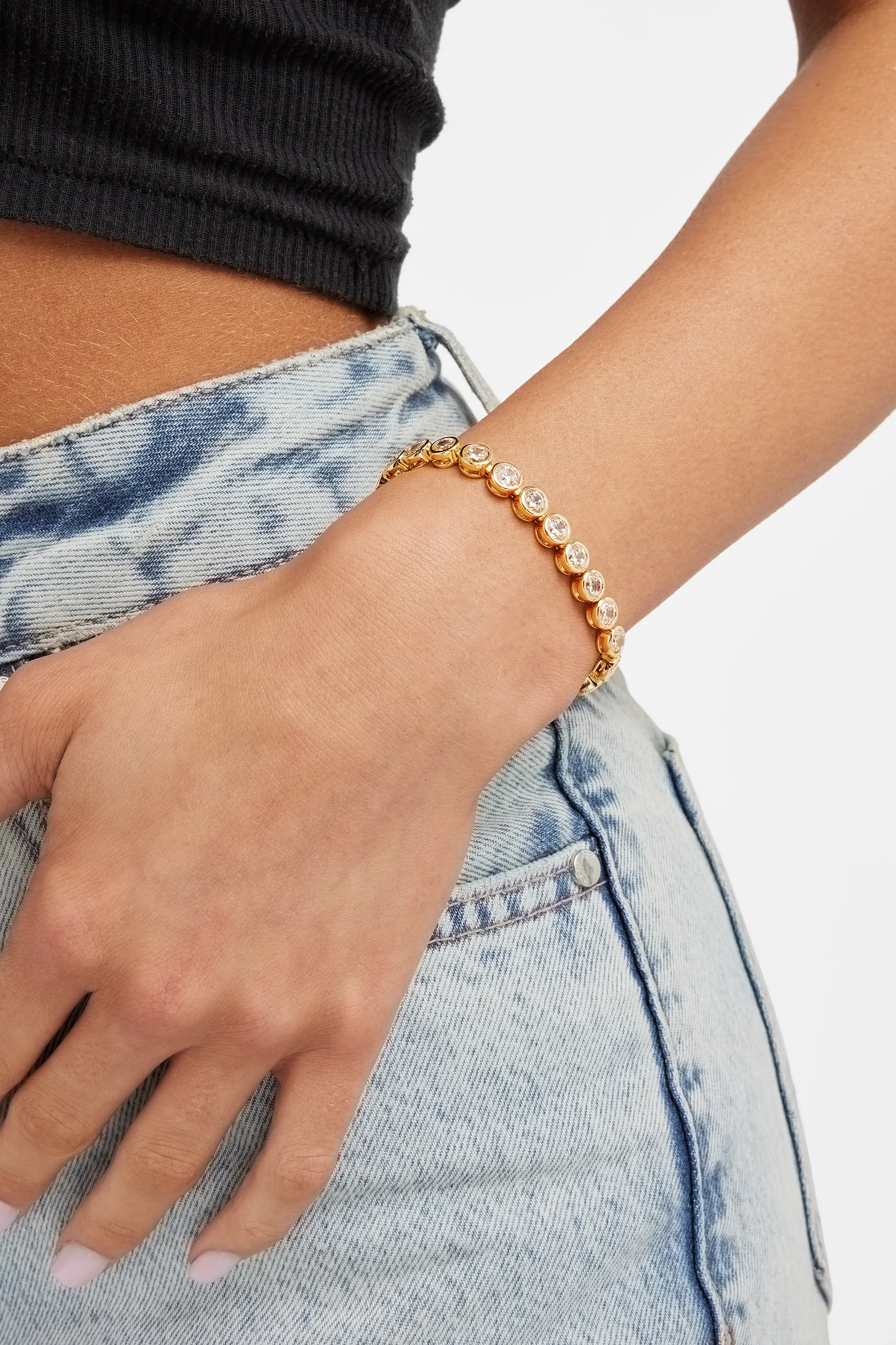 Iced Round Stone Bracelet - Gold - Image 2