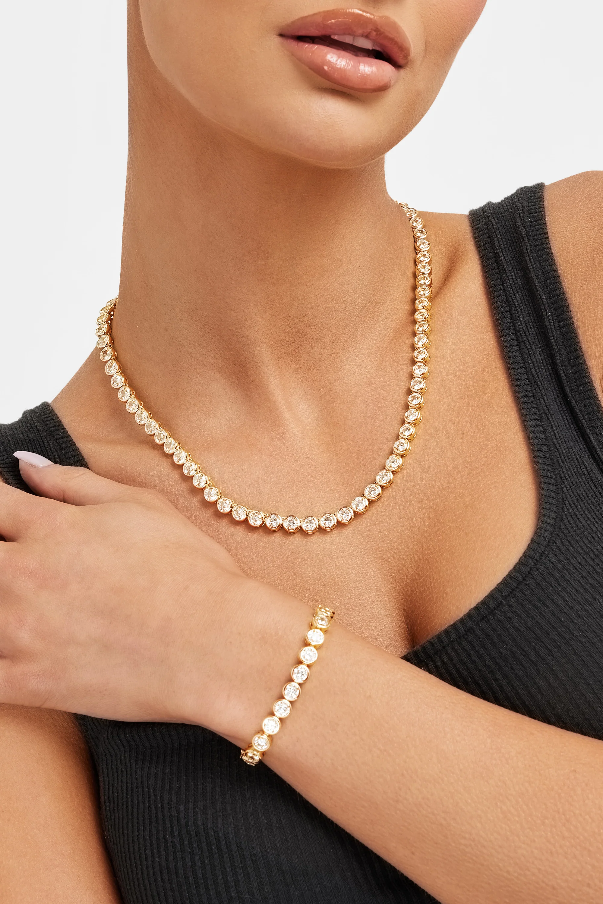 Iced Round Stone Chain + Bracelet Bundle - Gold - Image 2
