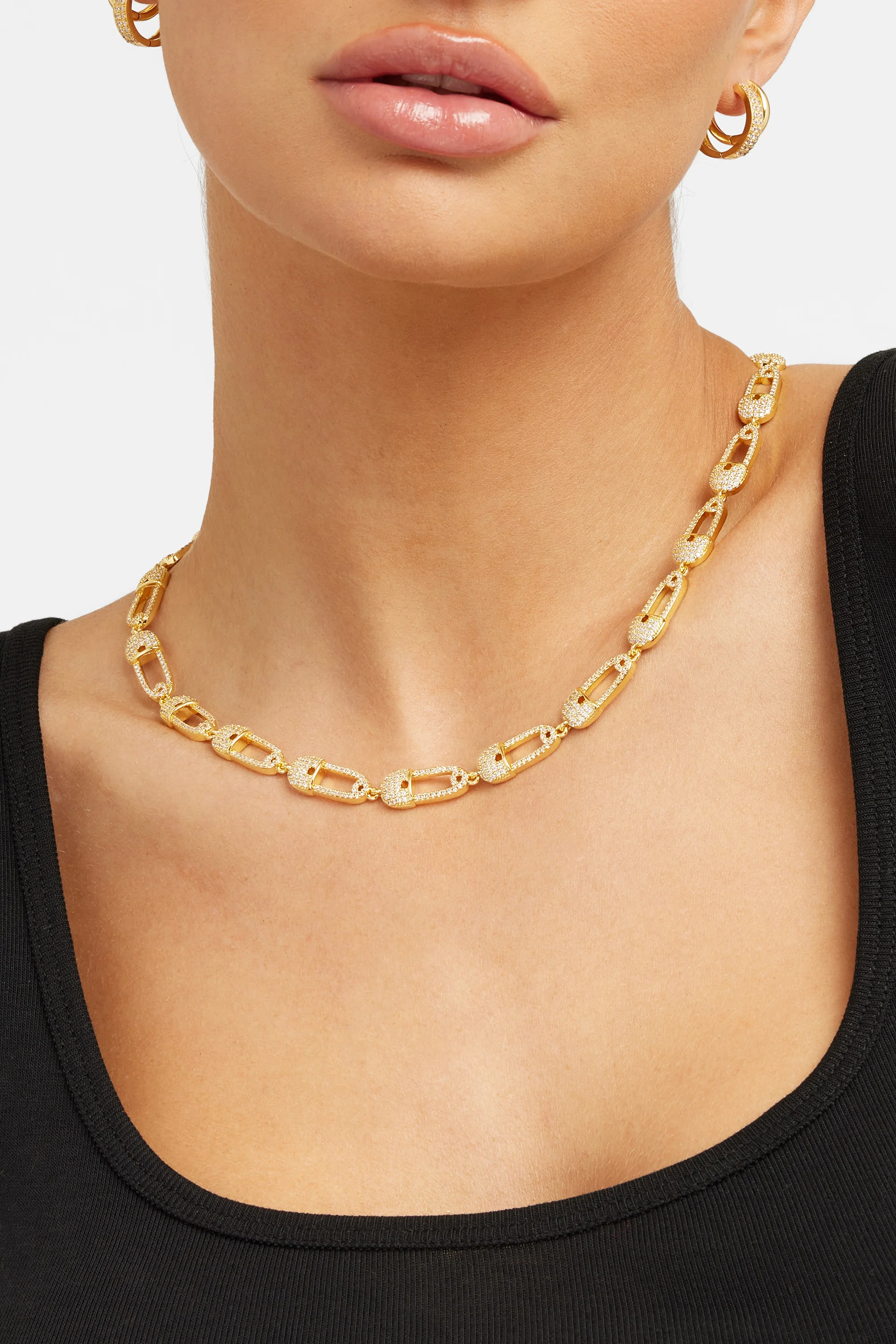 Iced Safety Pin Allway Necklace - Gold - Image 2