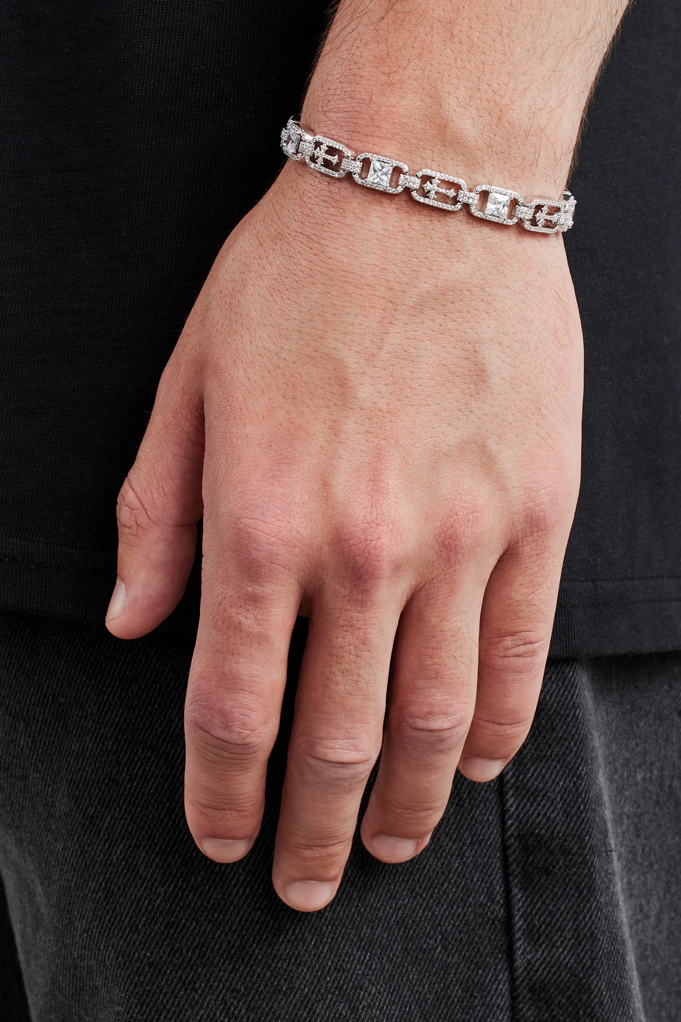 Iced Stone & Cross Link Bracelet - 8mm - Image 3