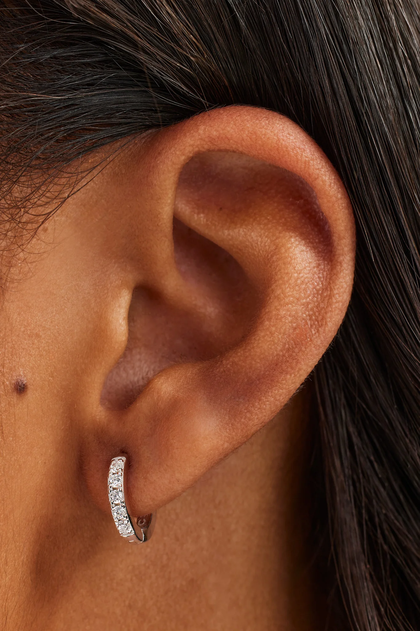 Iced Thin Huggie Earrings - 12mm - White - Image 2