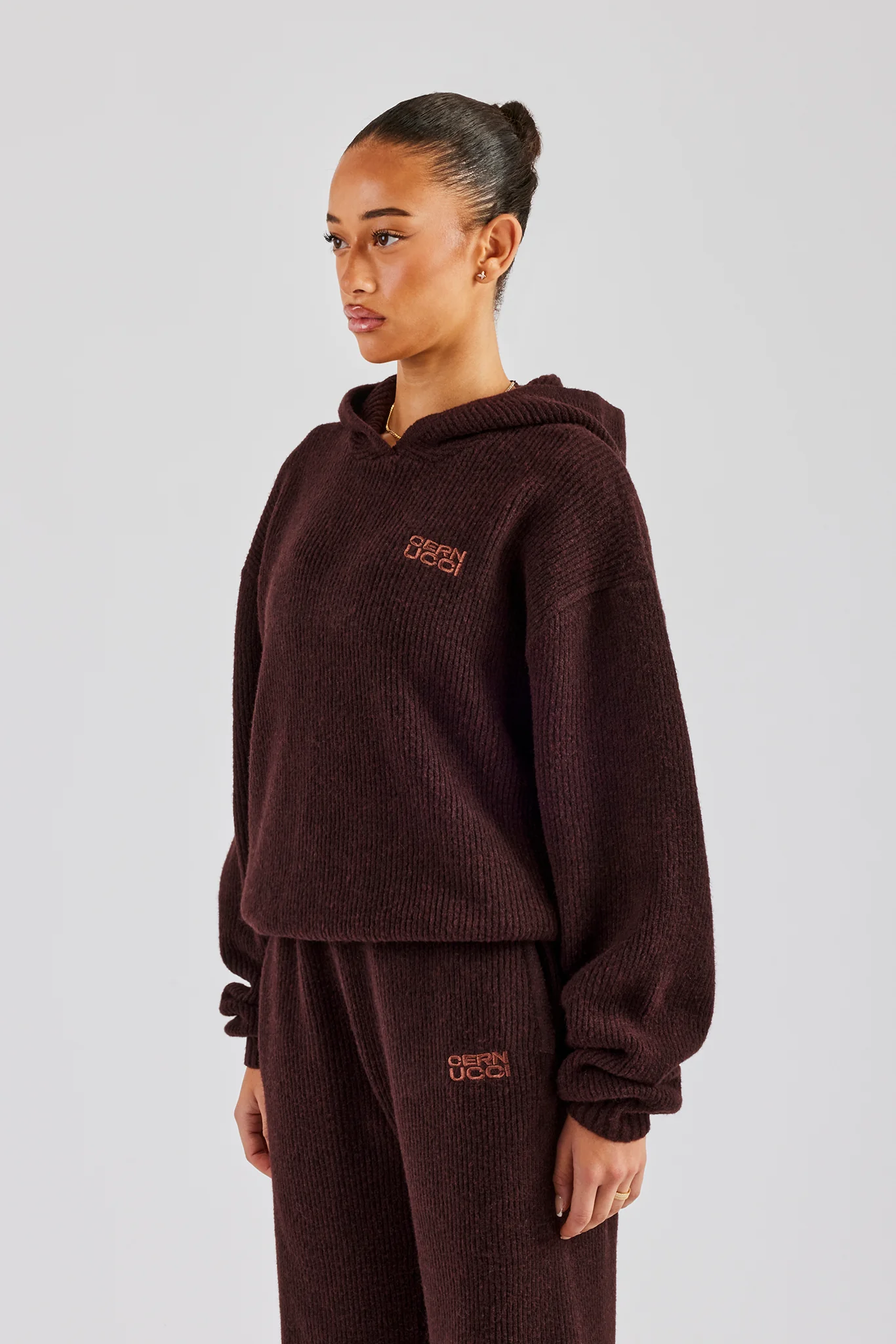 Knit Boxy Embroidered Hoodie - Chocolate - Image 2