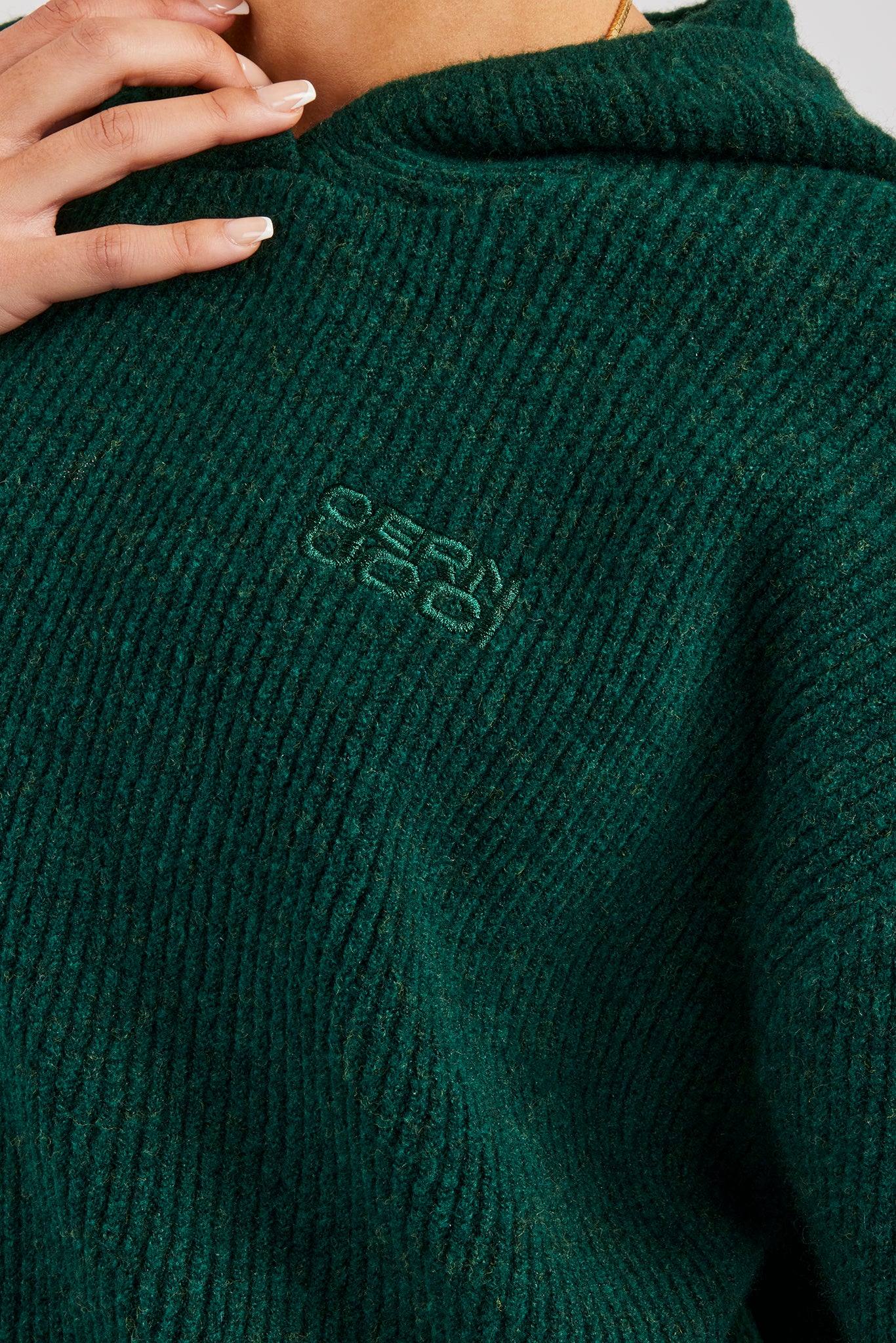 Knit Boxy Embroidered Hoodie - Forest Green - Image 3