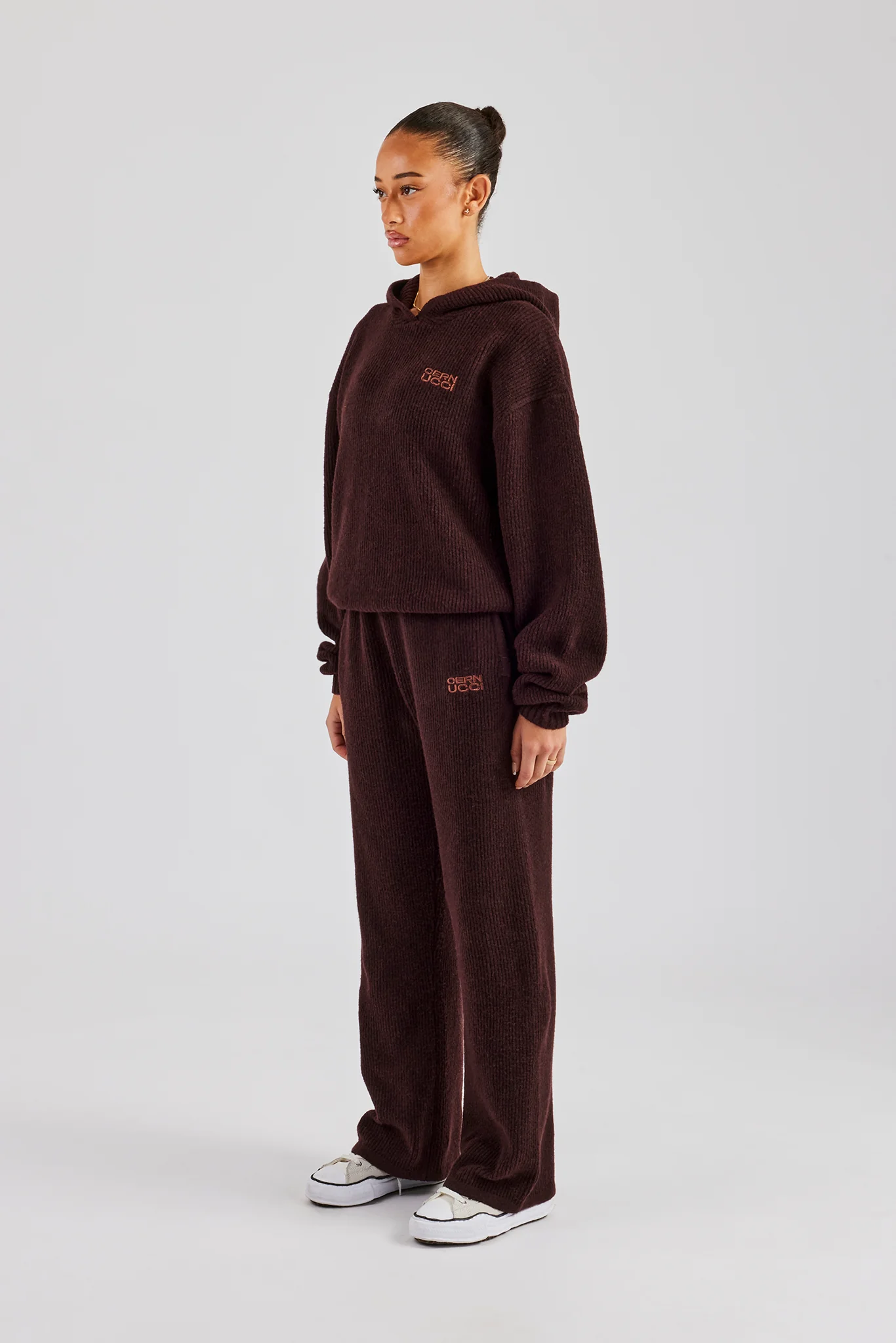 Knit Boxy Embroidered Tracksuit - Chocolate - Image 3