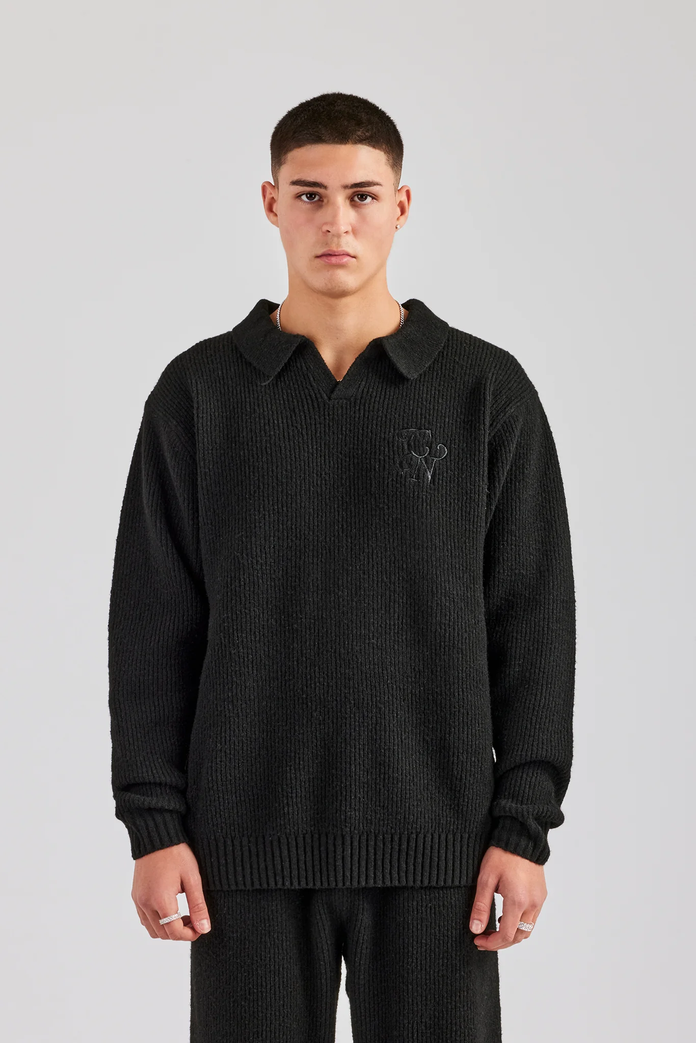 Knit Collared Sweat - Black - Image 3