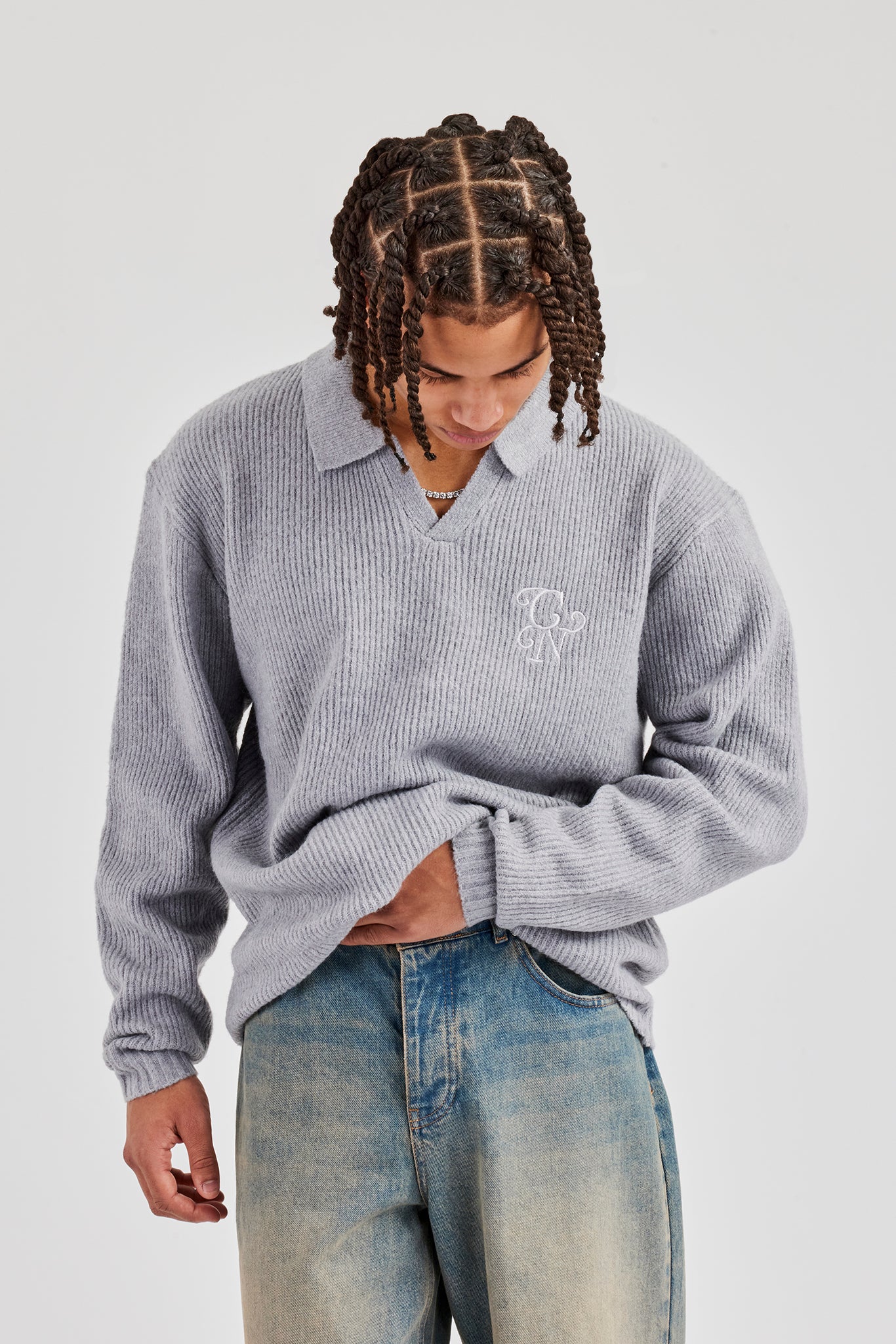 Knit Collared Sweat - Grey - Image 4