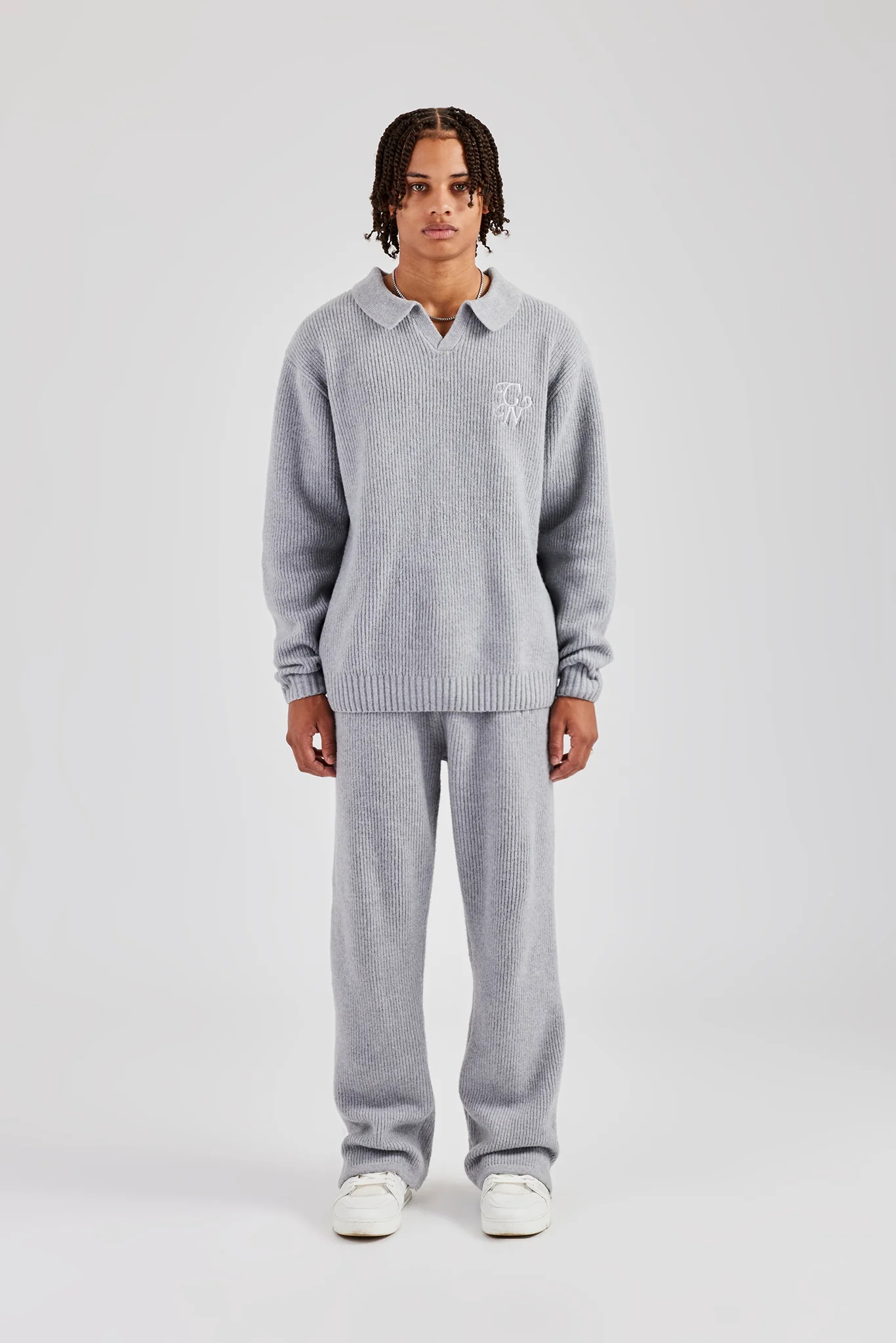 Knit Collared Sweat & Jogger Set - Grey - Image 5
