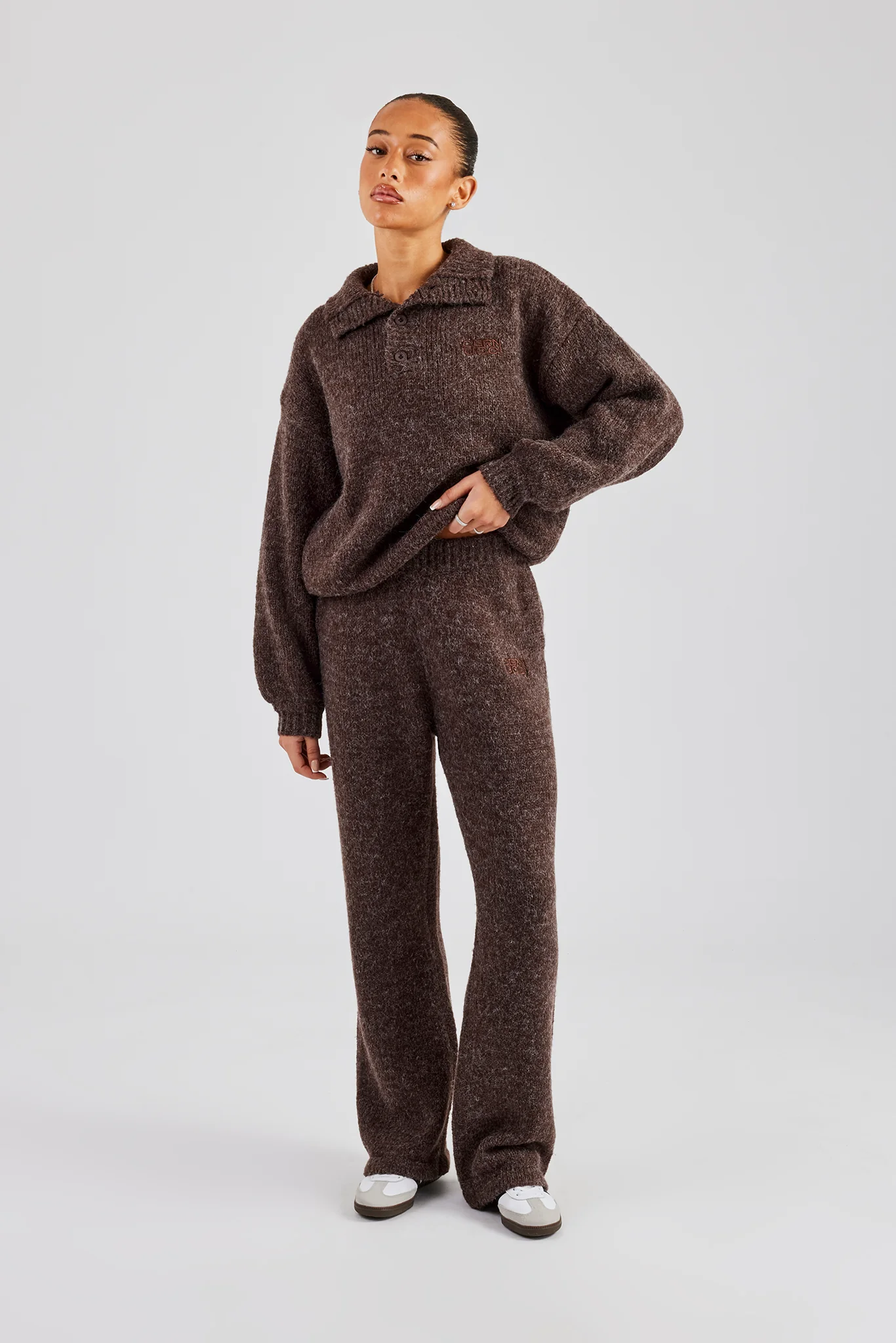 Knit Funnel Neck Tracksuit - Chocolate - Image 3