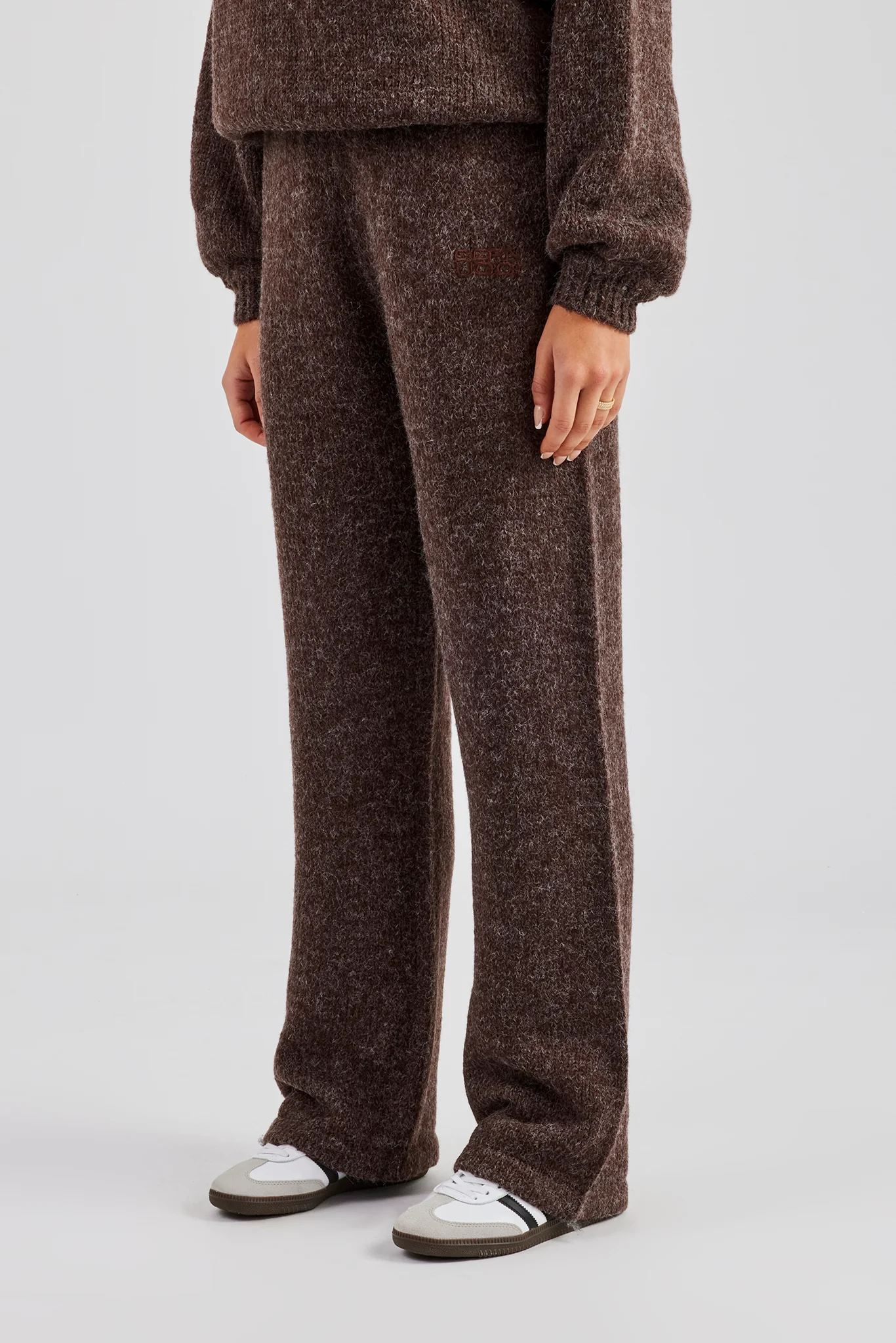 Knit Wide Leg Embroidered Jogger - Chocolate - Image 7