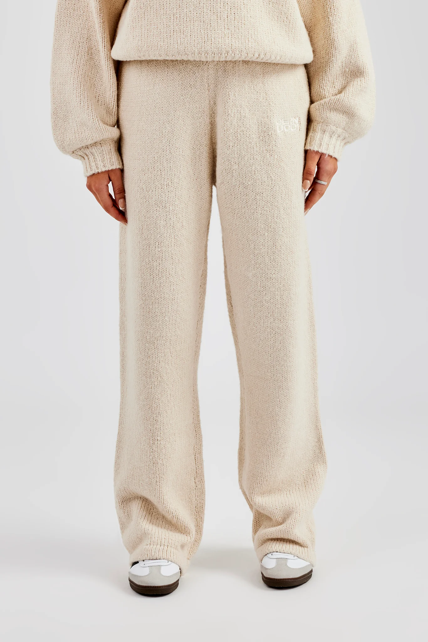 Knit Wide Leg Embroidered Jogger - Oatmeal - Image 2