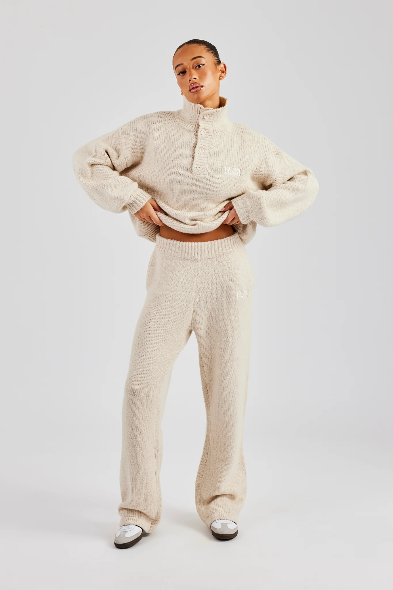 Knit Wide Leg Embroidered Jogger - Oatmeal - Image 4