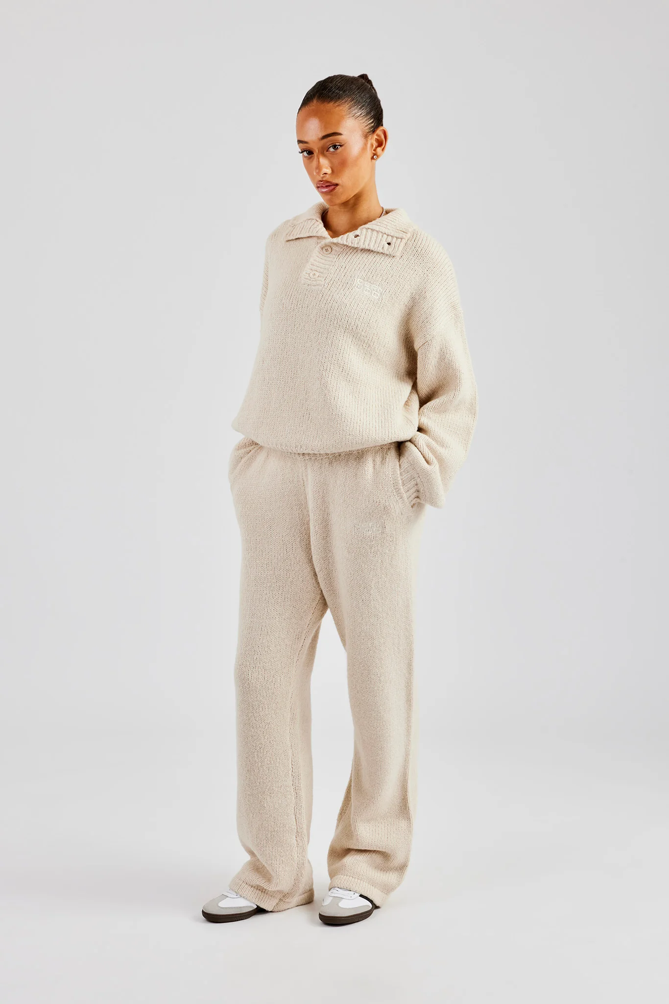 Knit Wide Leg Embroidered Jogger - Oatmeal - Image 5