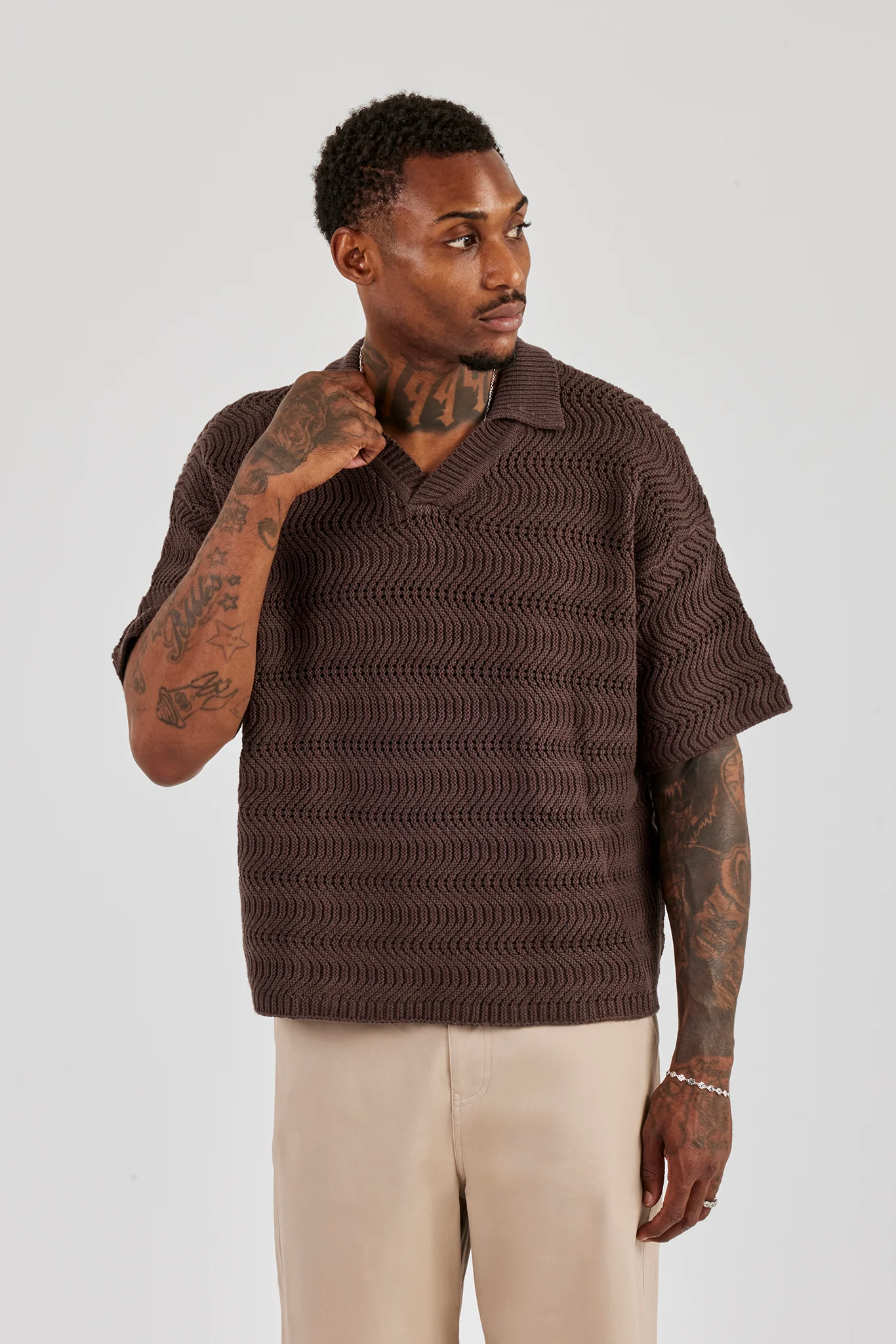 Knitted Boxy Polo - Chocolate - Image 4