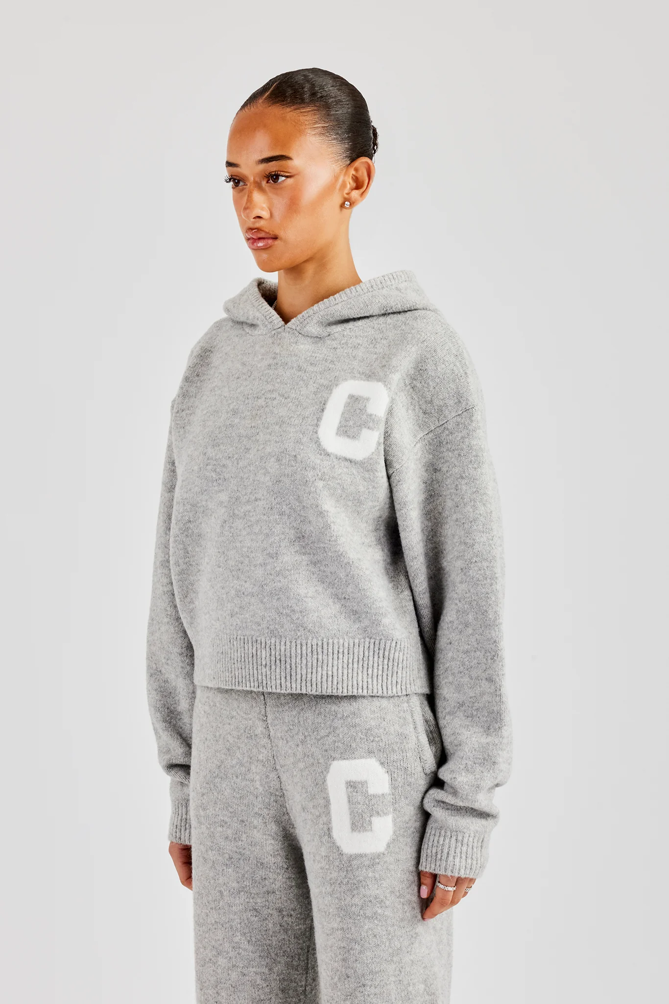 Knitted C Hoodie - Light Grey - Image 4