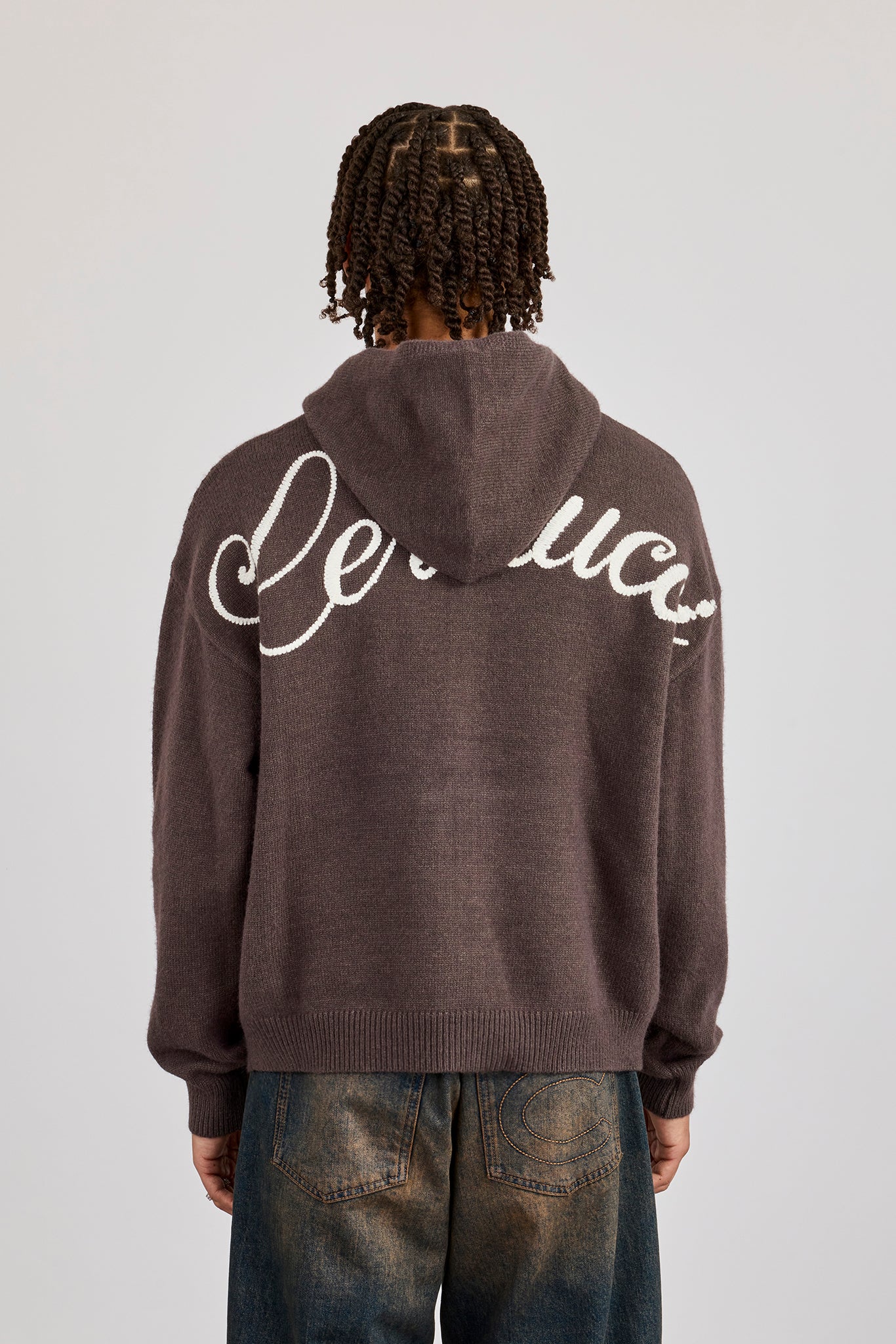 Knitted Cernucci Back Detail Boxy Zip Hoodie - Charcoal - Image 3