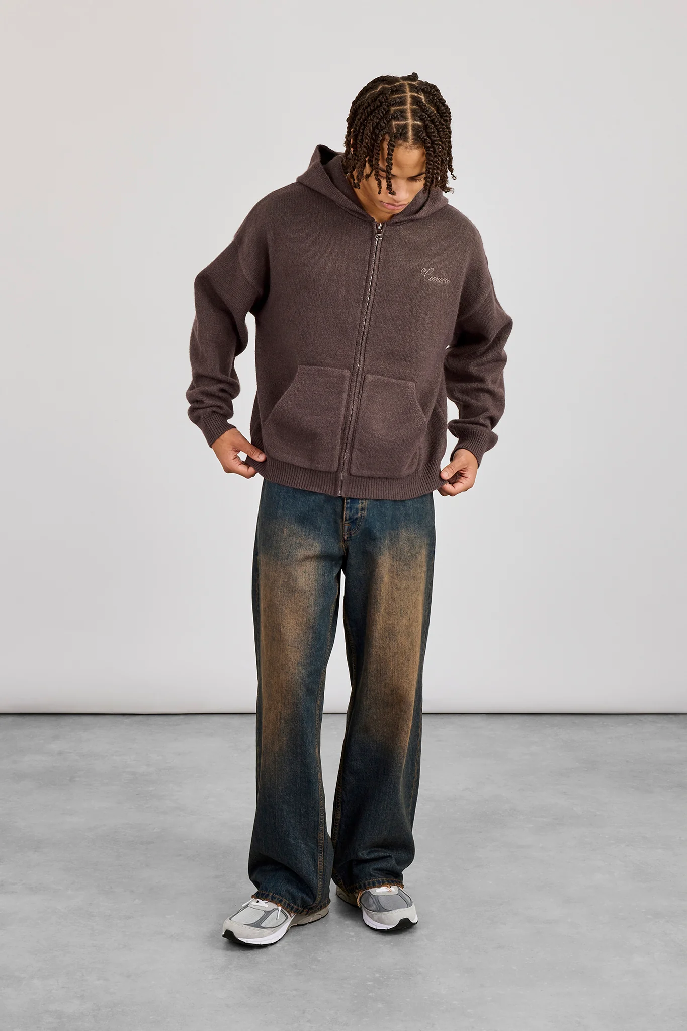 Knitted Cernucci Back Detail Boxy Zip Hoodie - Charcoal - Image 4