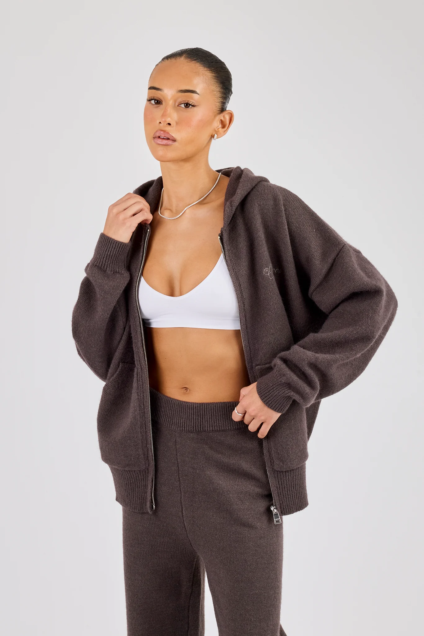 Knitted Cernucci Back Detail Zip Hoodie - Brown - Image 2