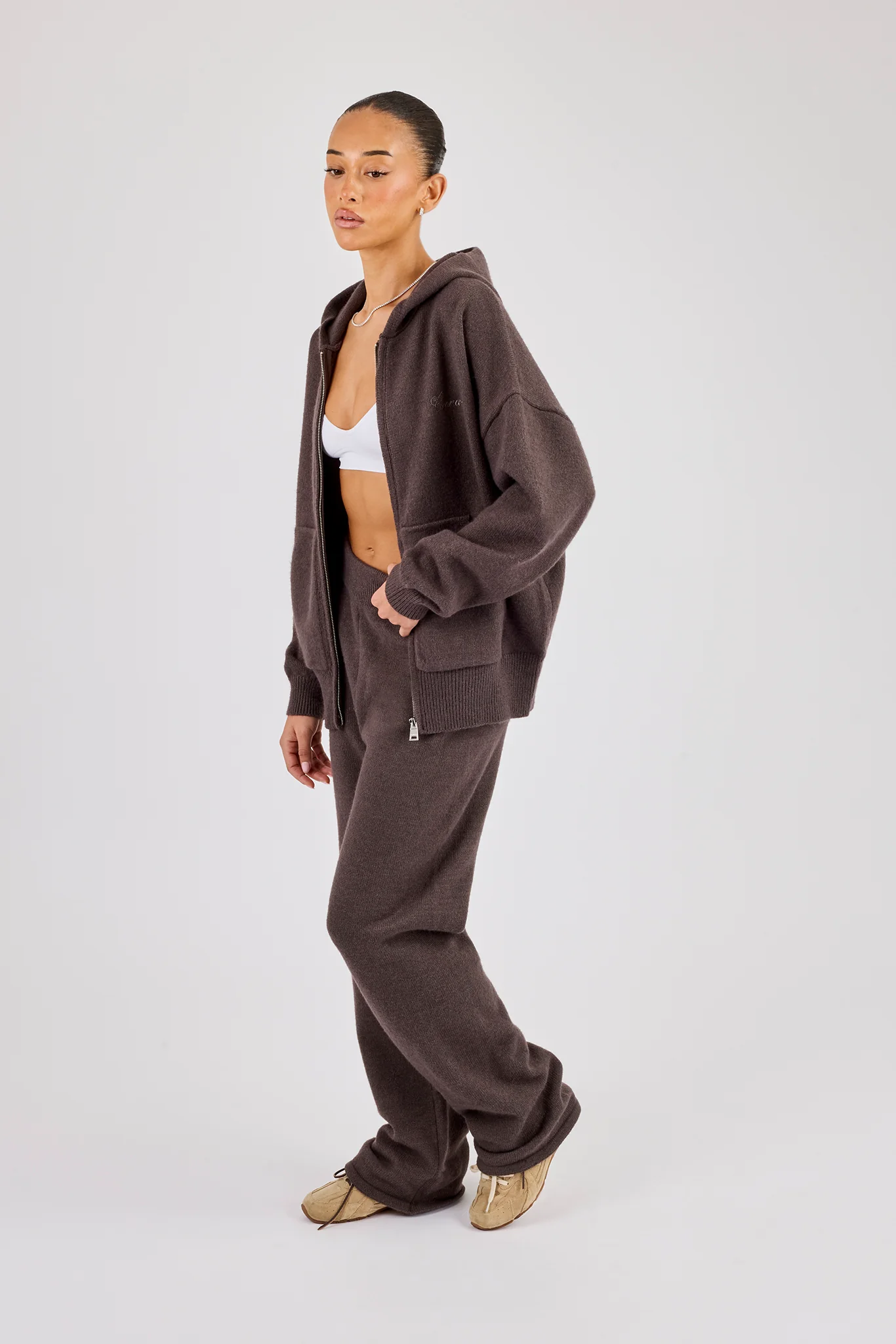 Knitted Cernucci Back Detail Zip Hoodie & Wide Leg Jogger - Brown - Image 2