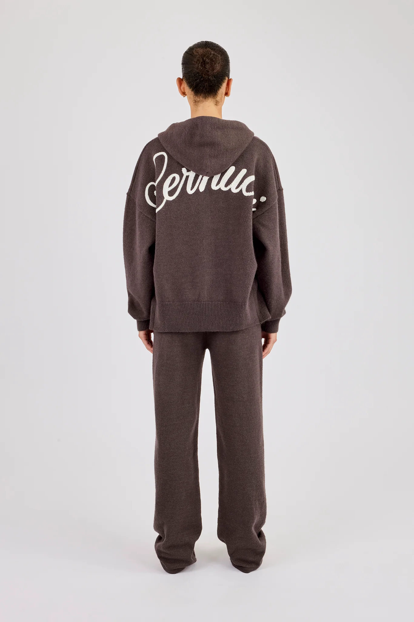 Knitted Cernucci Back Detail Zip Hoodie & Wide Leg Jogger - Brown - Image 3