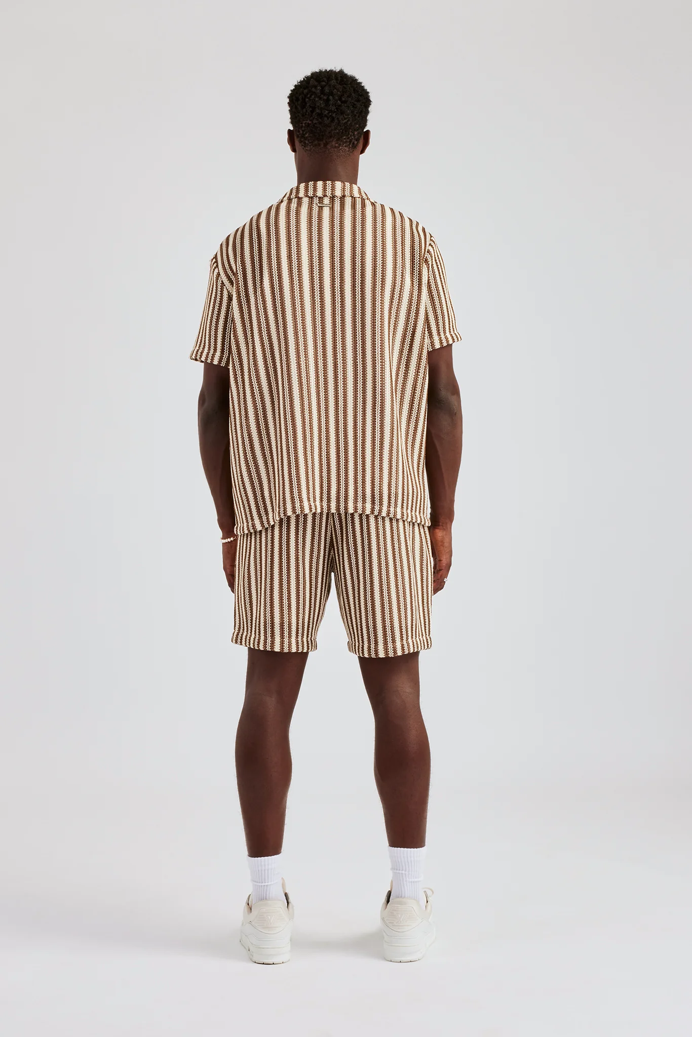 Knitted Contrast Stripe Revere Shirt - Chocolate - Image 4