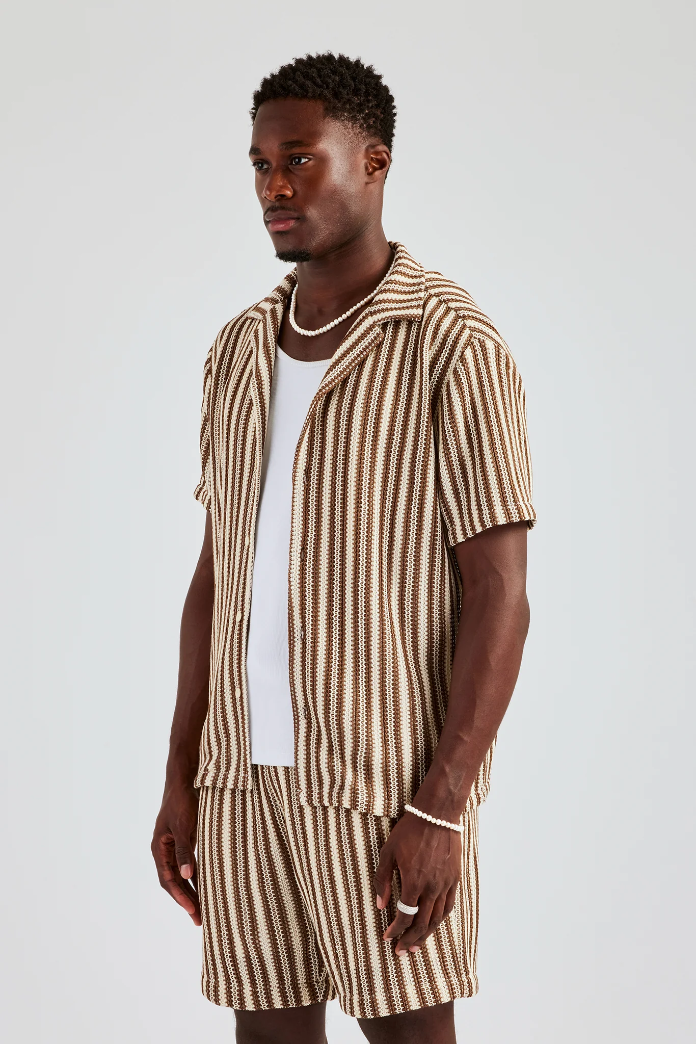 Knitted Contrast Stripe Revere Shirt & Short Set - Chocolate - Image 5