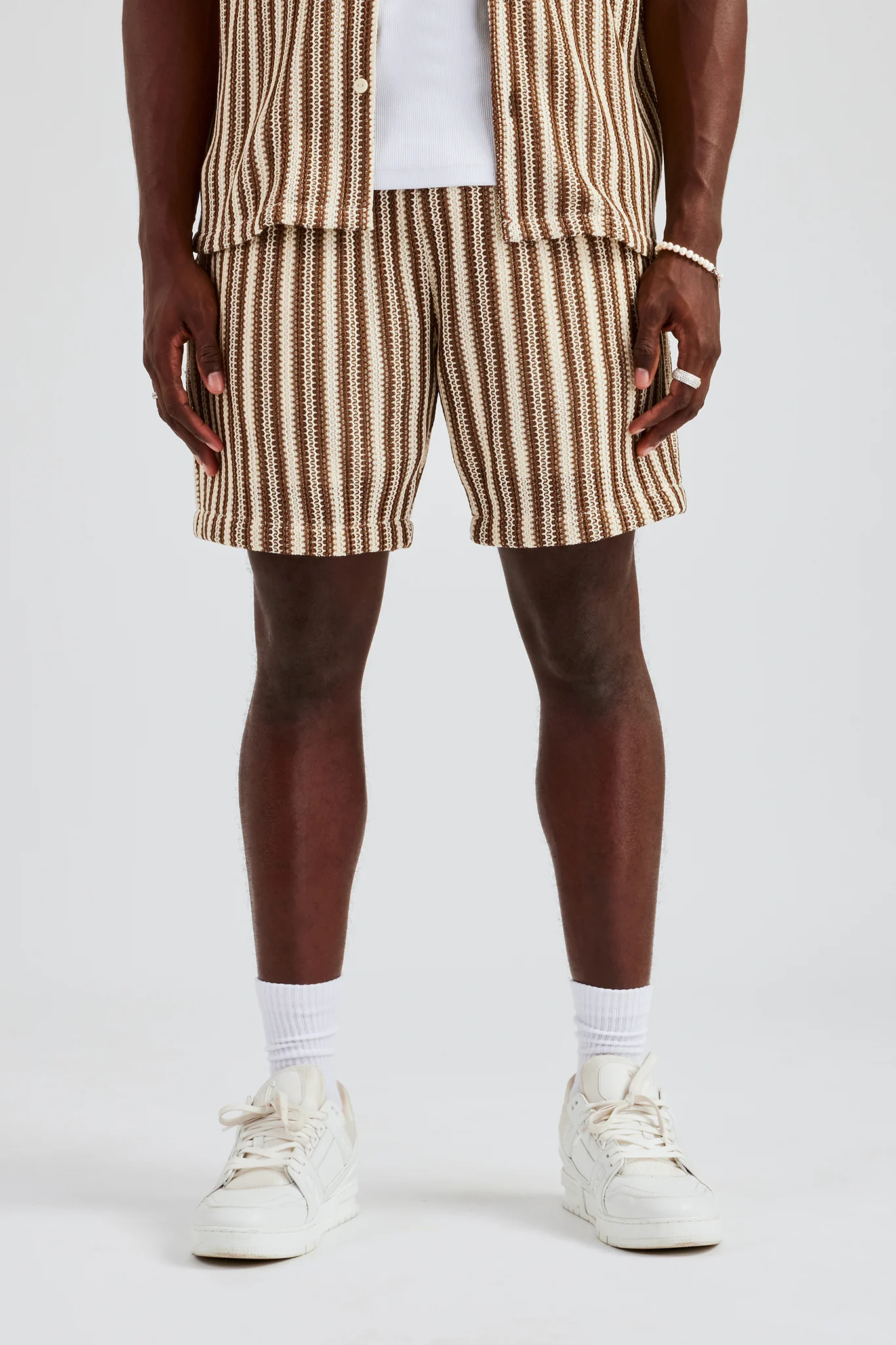 Knitted Contrast Stripe Revere Shirt & Short Set - Chocolate - Image 7