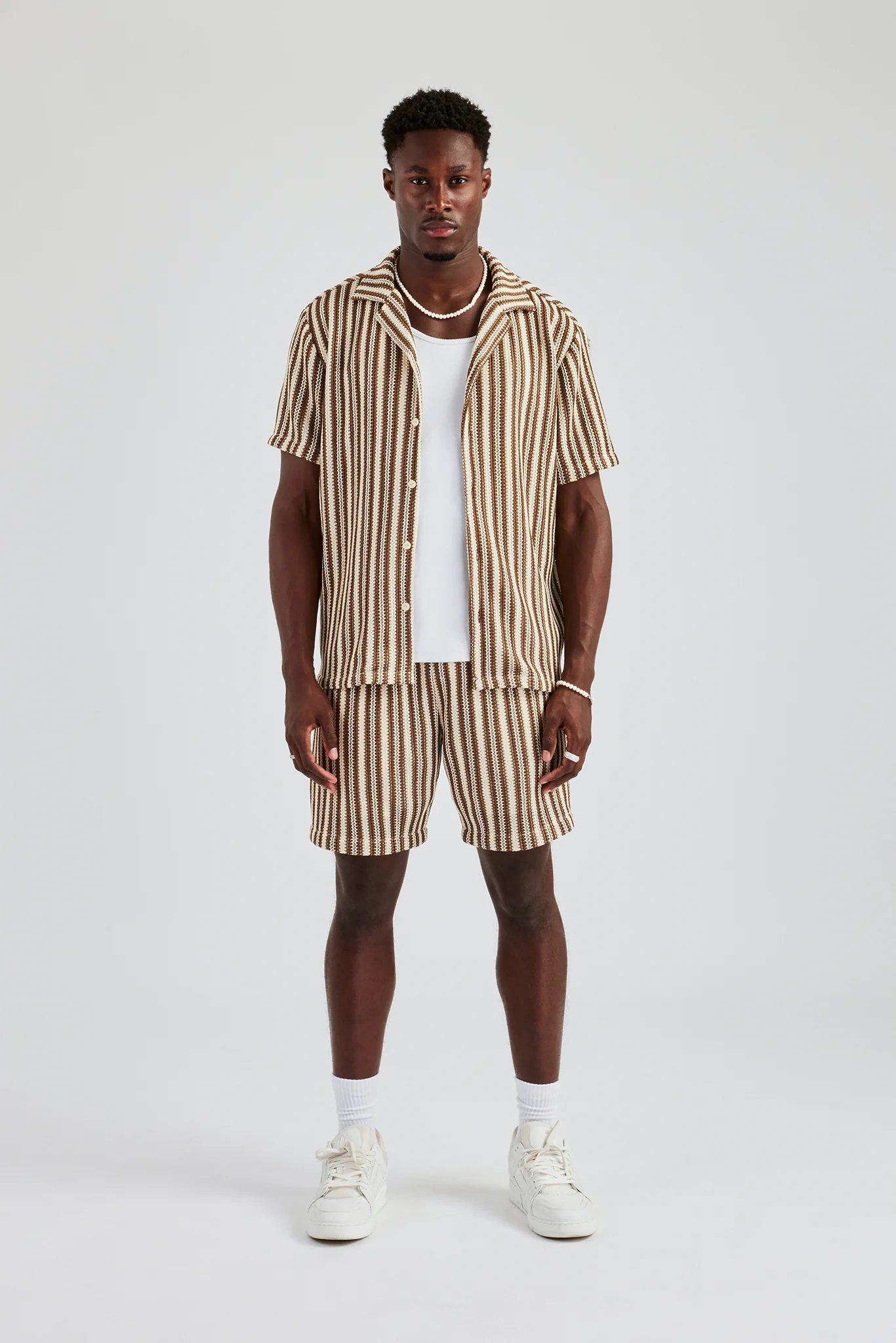 Knitted Contrast Stripe Revere Shirt & Short Set - Chocolate - Image 9
