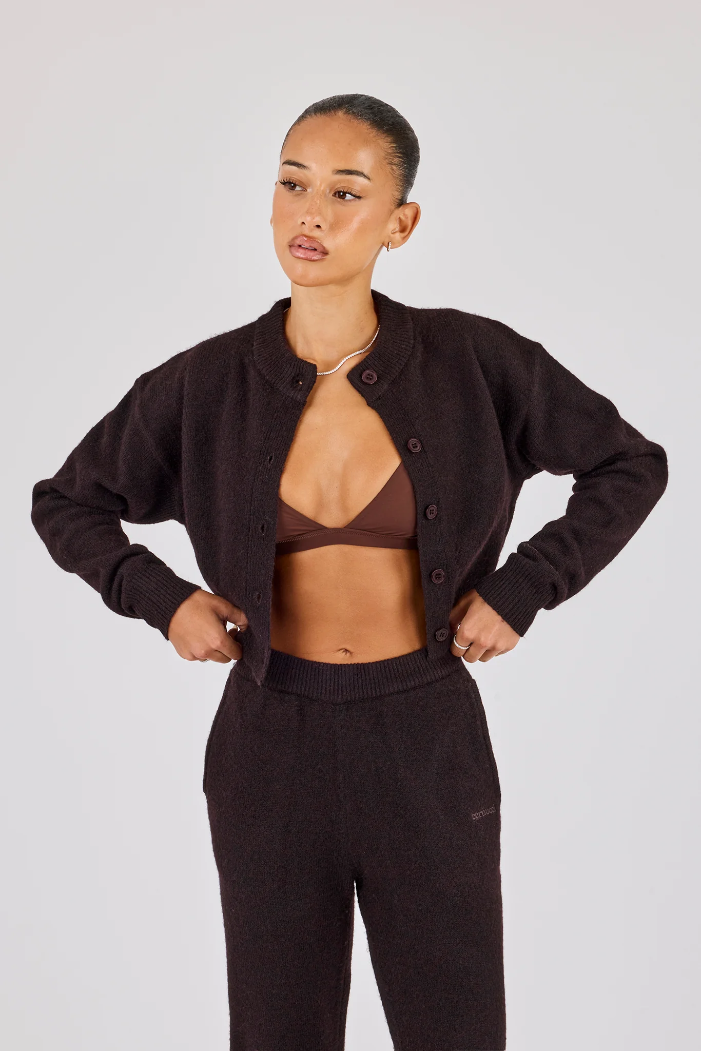 Knitted Cropped Cardigan - Chocolate - Image 2