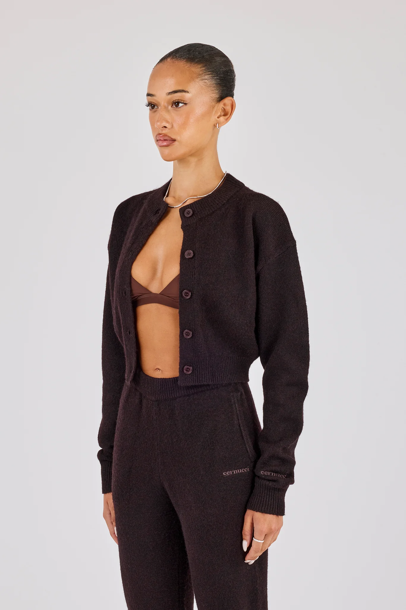 Knitted Cropped Cardigan - Chocolate - Image 3
