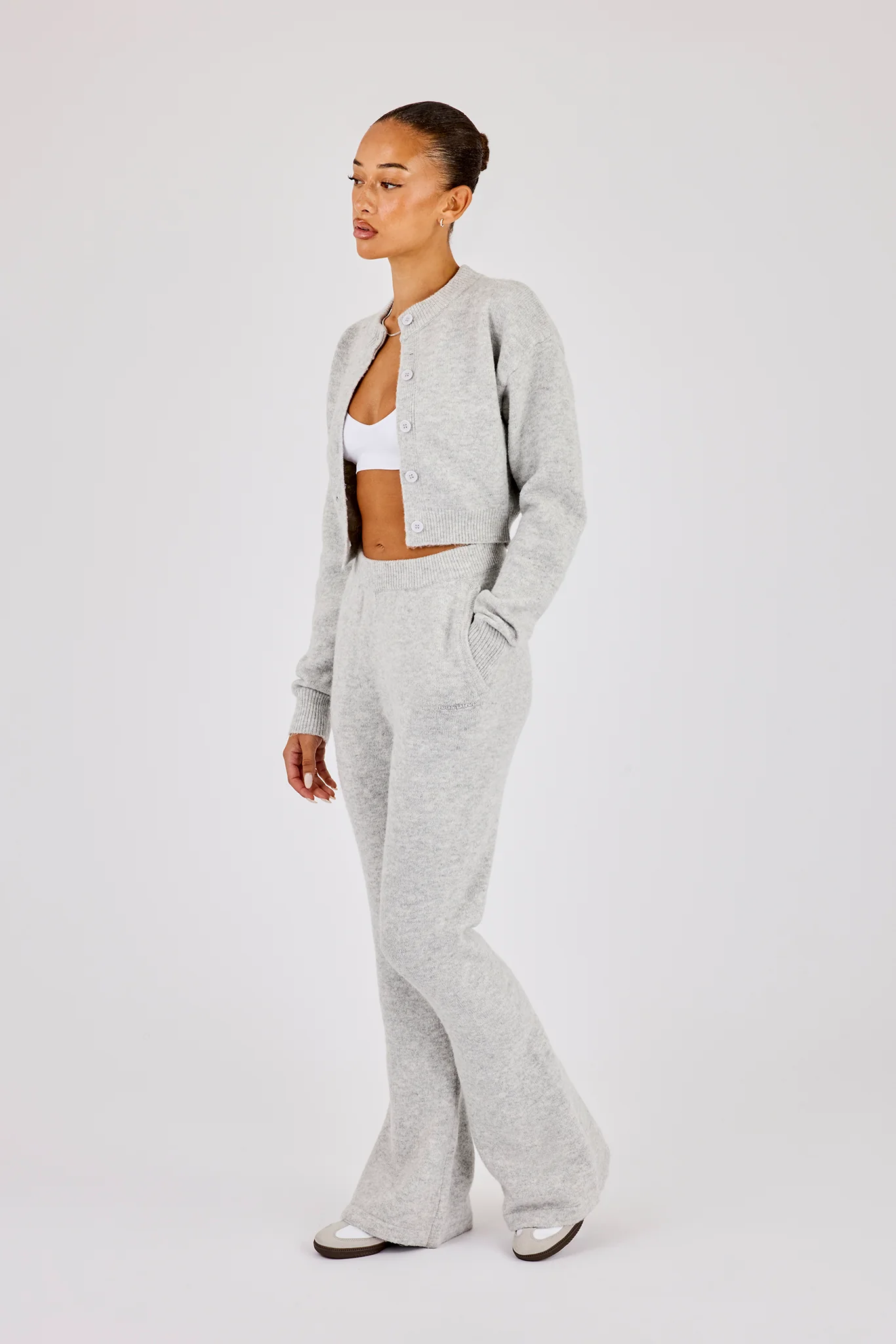Knitted Cropped Cardigan & Flare Trouser - Grey