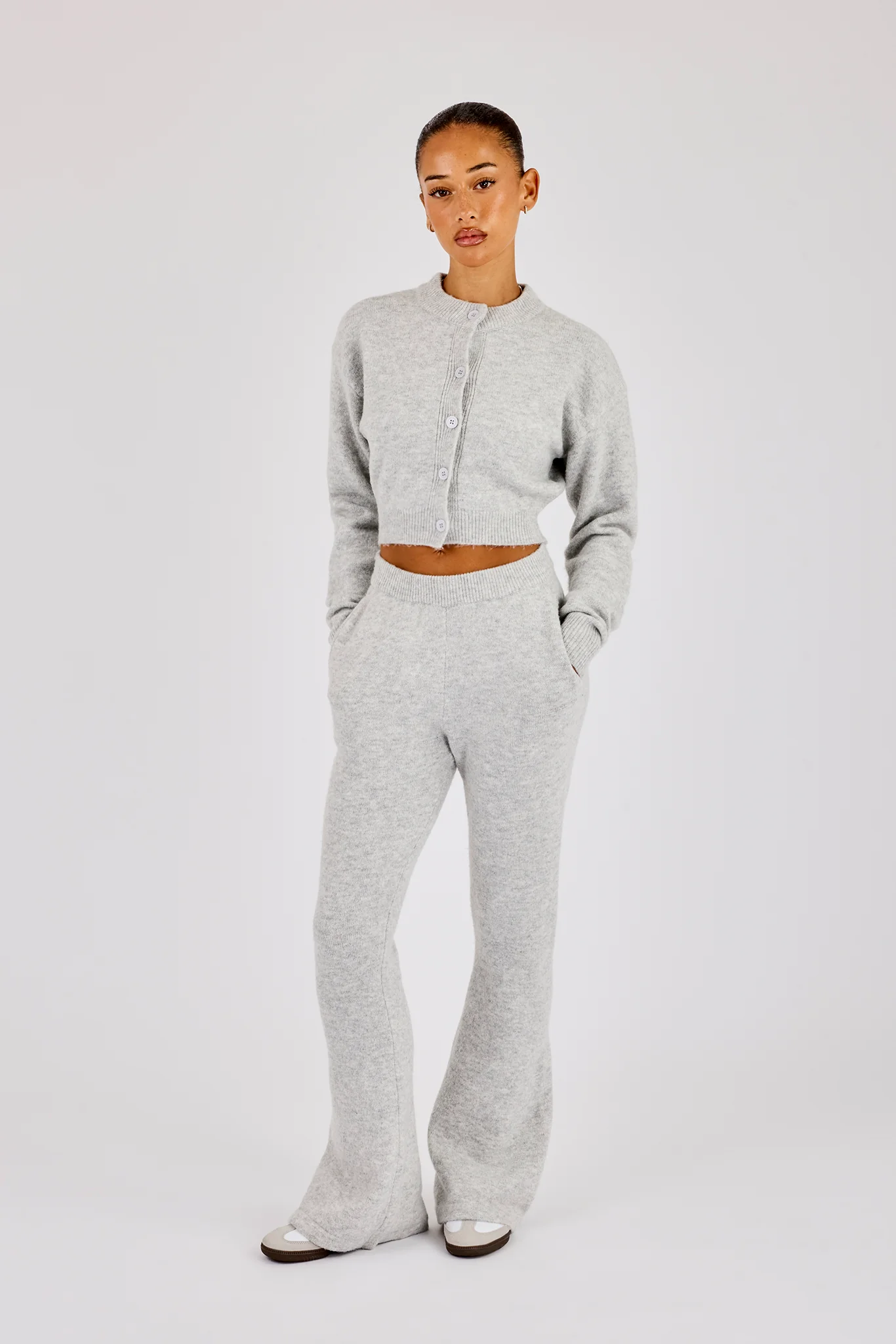 Knitted Cropped Cardigan & Flare Trouser - Grey - Image 3