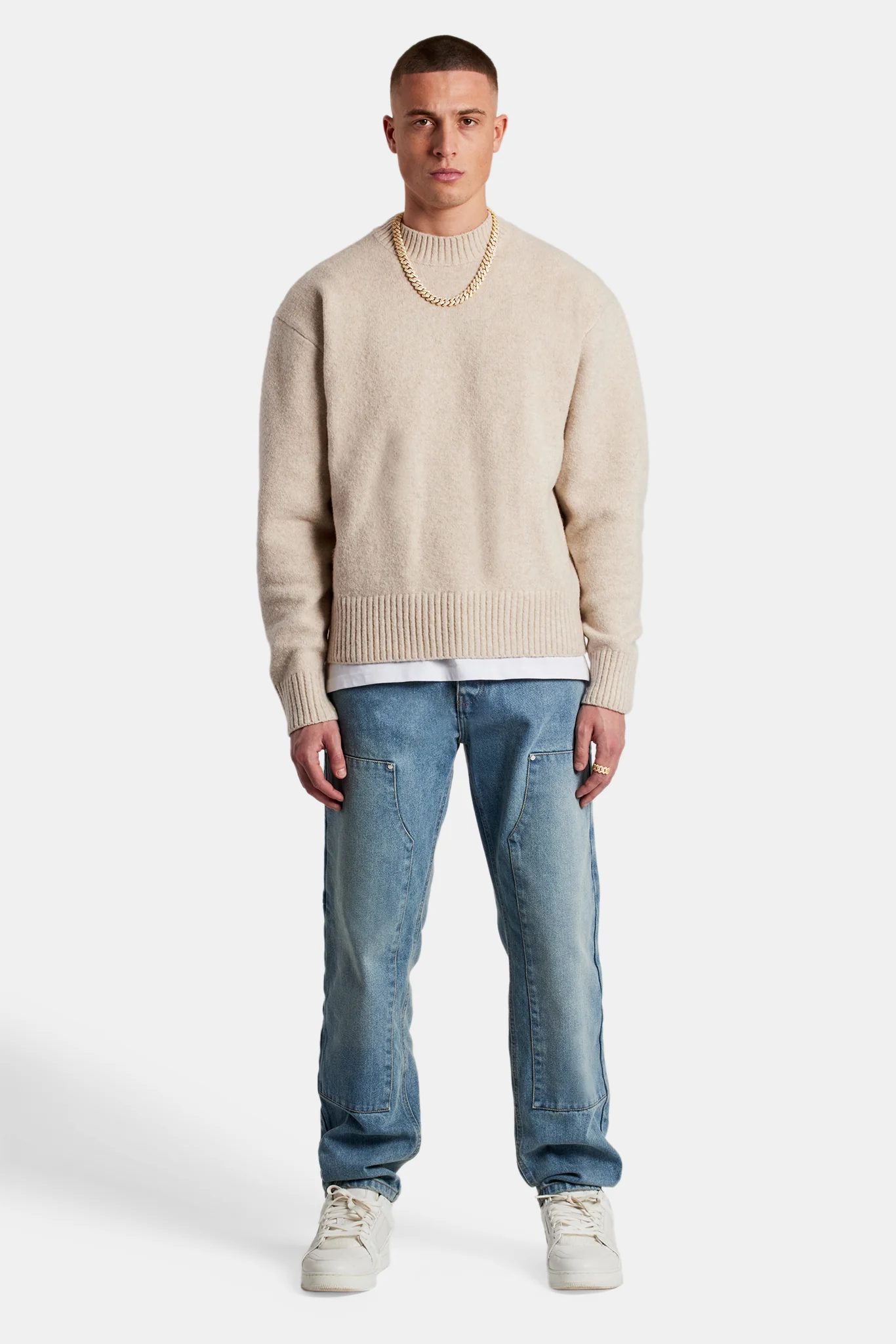 Knitted Deep Rib Sweater - Beige - Image 2