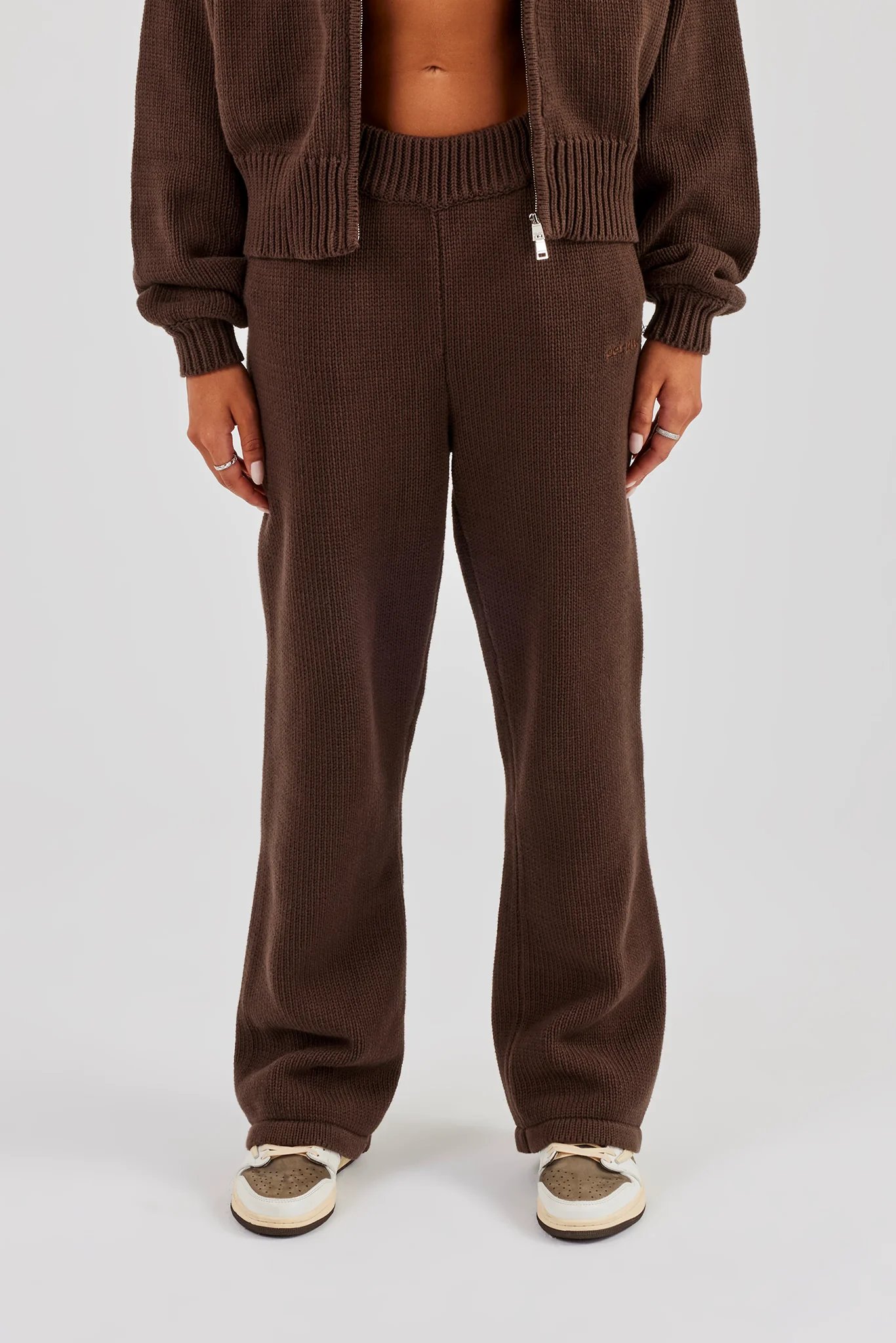 Knitted Embroidered Wide Leg Jogger - Chocolate - Image 2