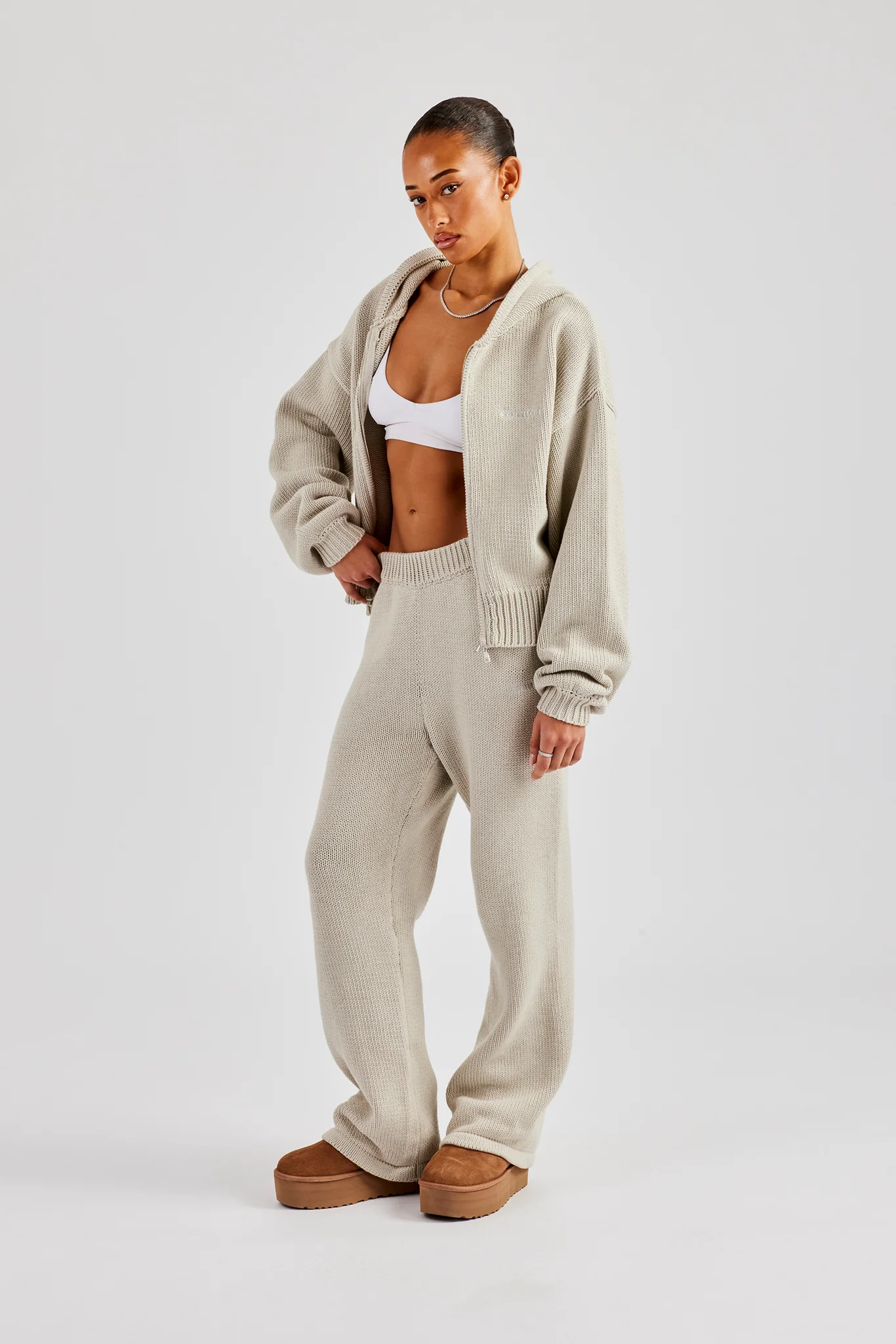 Knitted Embroidered Wide Leg Jogger - Stone - Image 3
