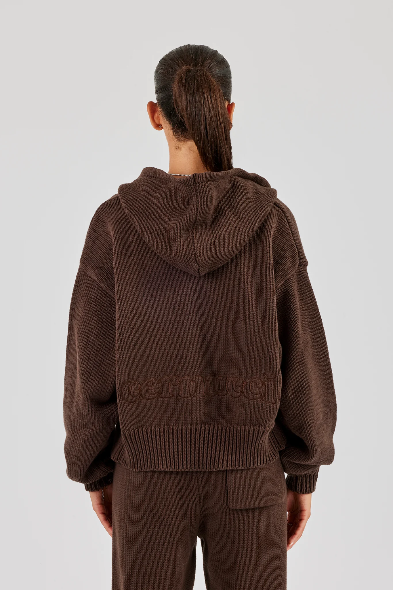 Knitted Embroidered Zip Through Hoodie - Chocolate - Image 4