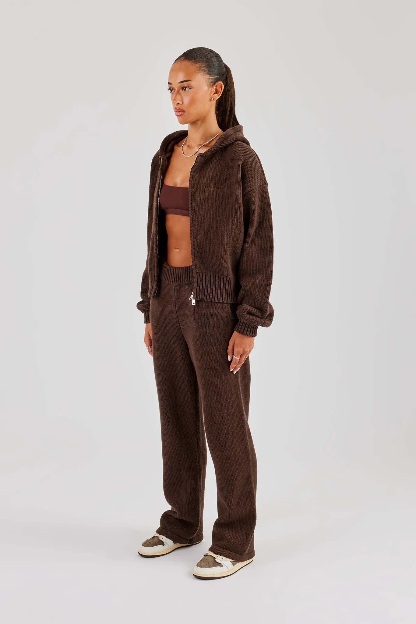 Knitted Embroidered Zip Through Tracksuit - Chocolate - Image 2