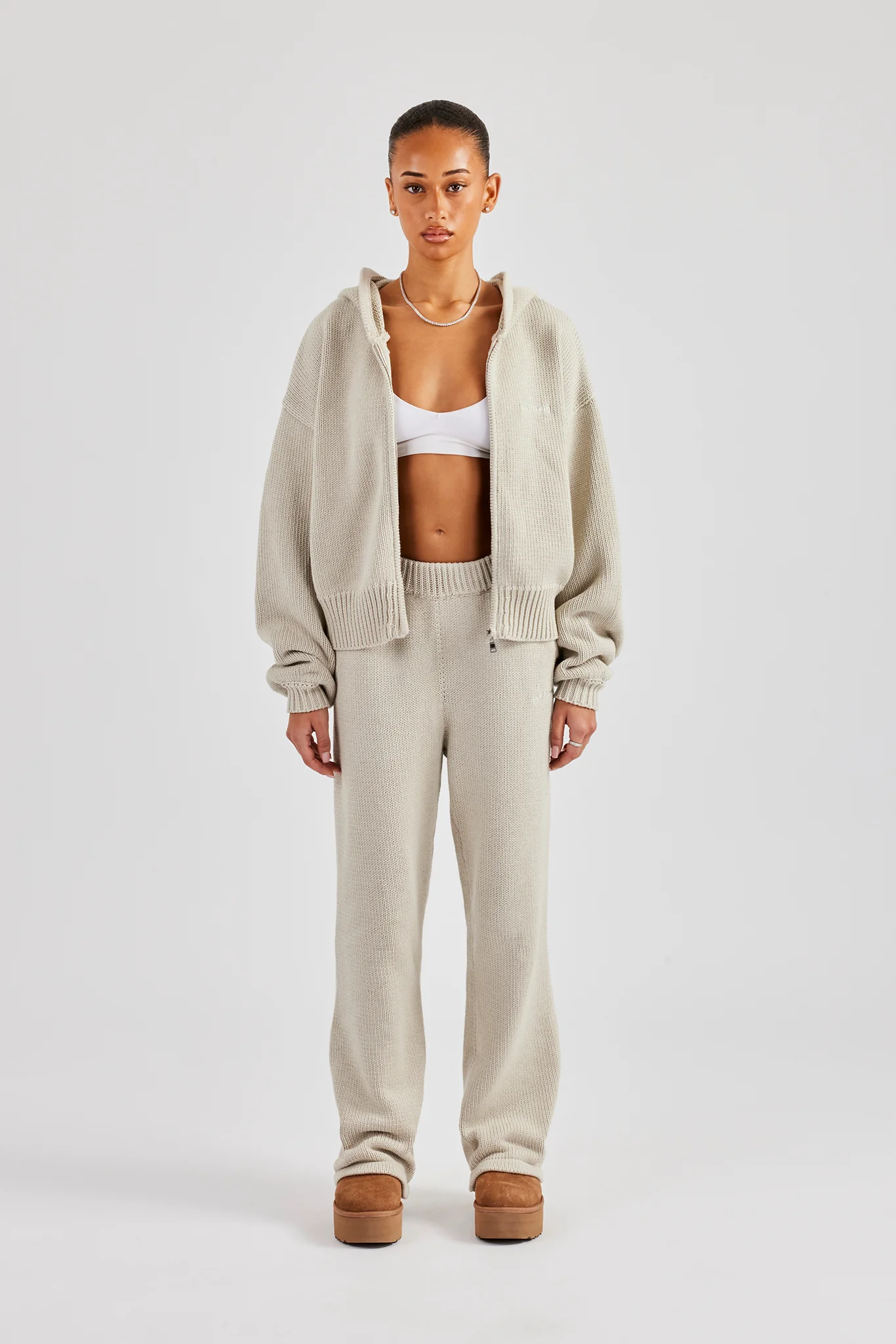 Knitted Embroidered Zip Through Tracksuit - Stone - Image 2