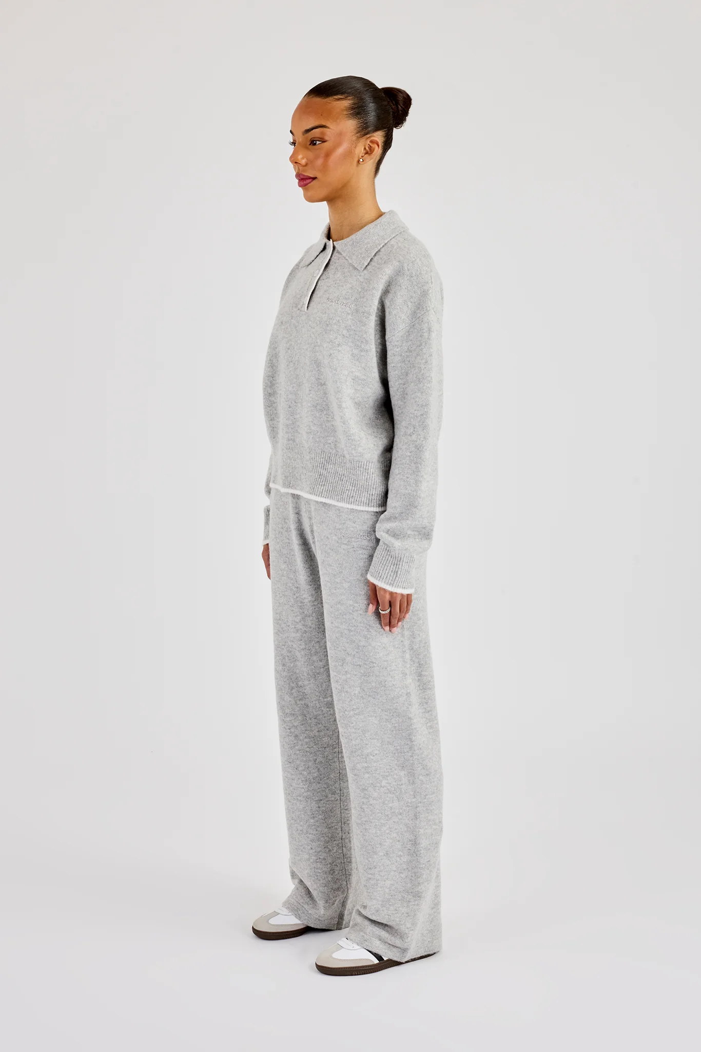 Knitted Long Sleeve Polo & Jogger With Contrast Tipping - Grey - Image 2