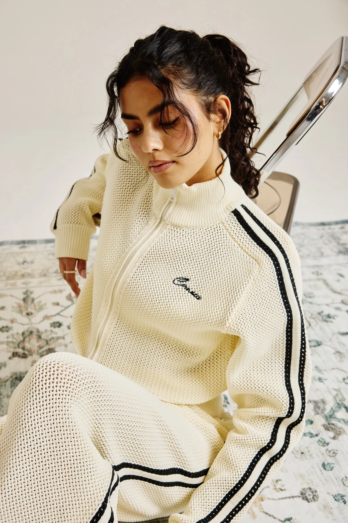 Knitted Taping Funnel Neck Track Jacket - Off White - Image 2