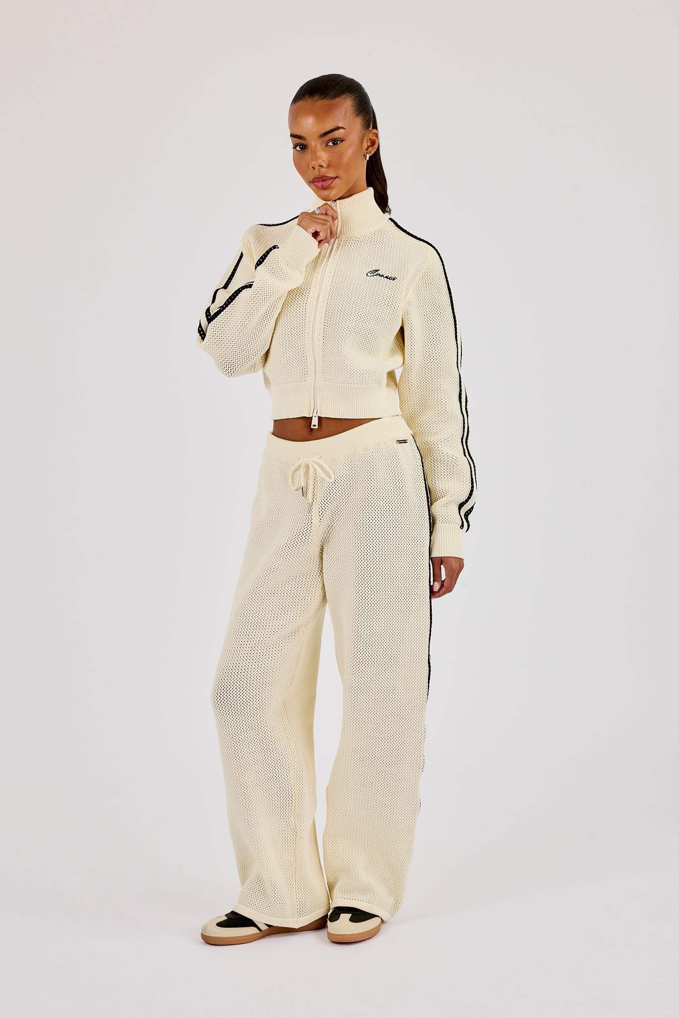 Knitted Taping Funnel Neck Track Jacket - Off White - Image 5
